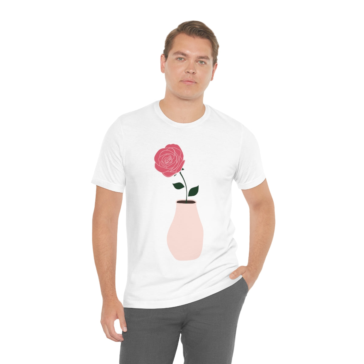 Pink Peony Minimal Art Retro Plant In The Vase Unisex Jersey Short Sleeve T-Shirt Ichaku [Perfect Gifts Selection]