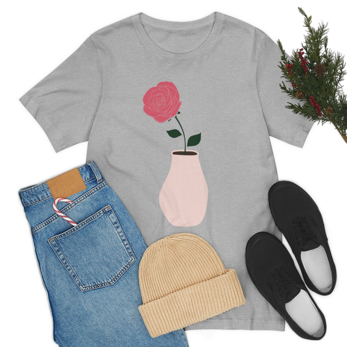 Pink Peony Minimal Art Retro Plant In The Vase Unisex Jersey Short Sleeve T-Shirt Ichaku [Perfect Gifts Selection]