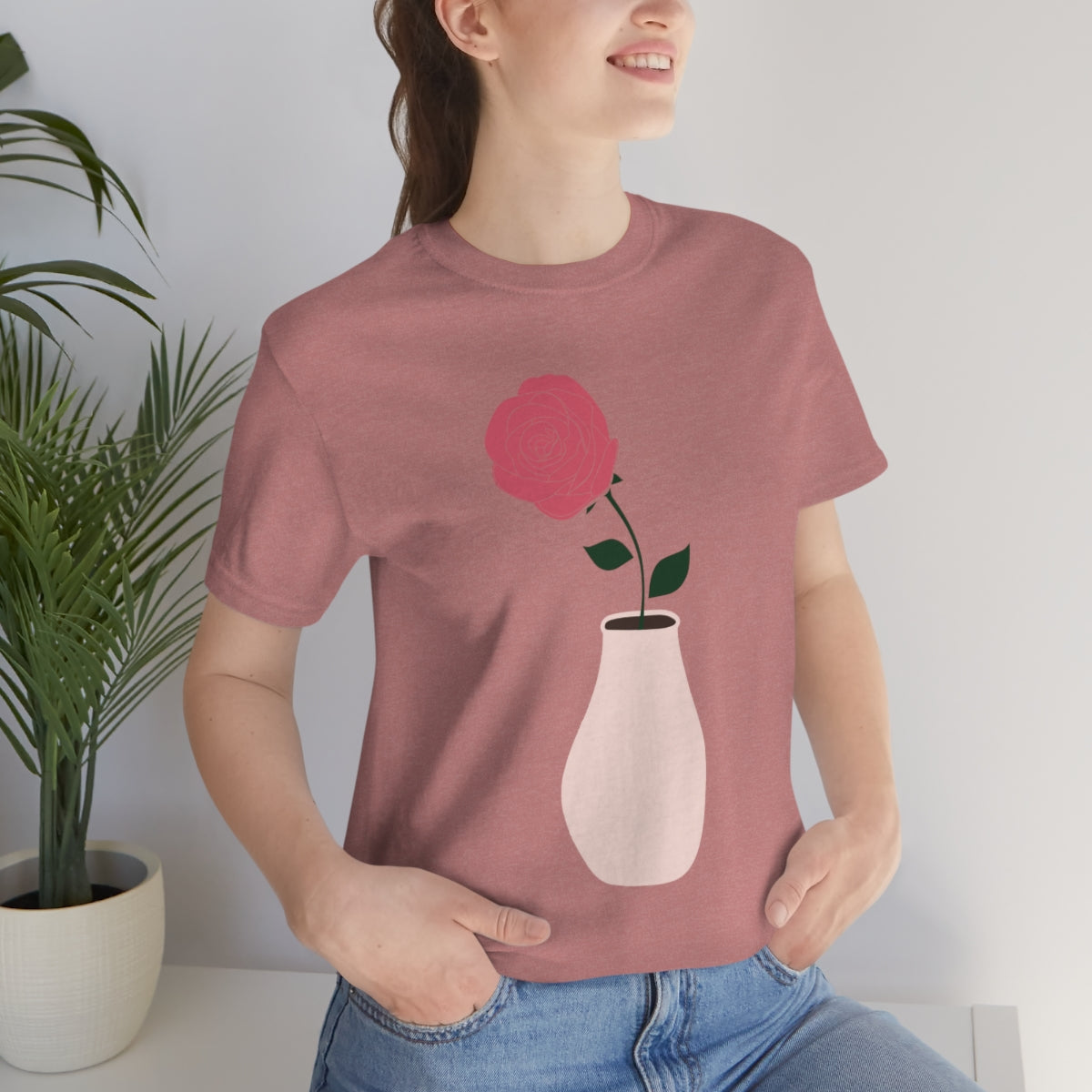 Pink Peony Minimal Art Retro Plant In The Vase Unisex Jersey Short Sleeve T-Shirt Ichaku [Perfect Gifts Selection]