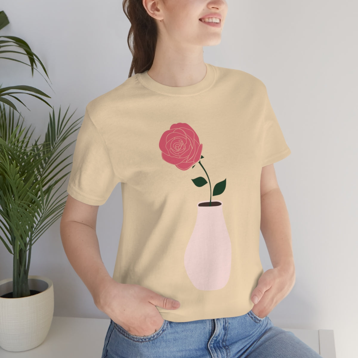 Pink Peony Minimal Art Retro Plant In The Vase Unisex Jersey Short Sleeve T-Shirt Ichaku [Perfect Gifts Selection]