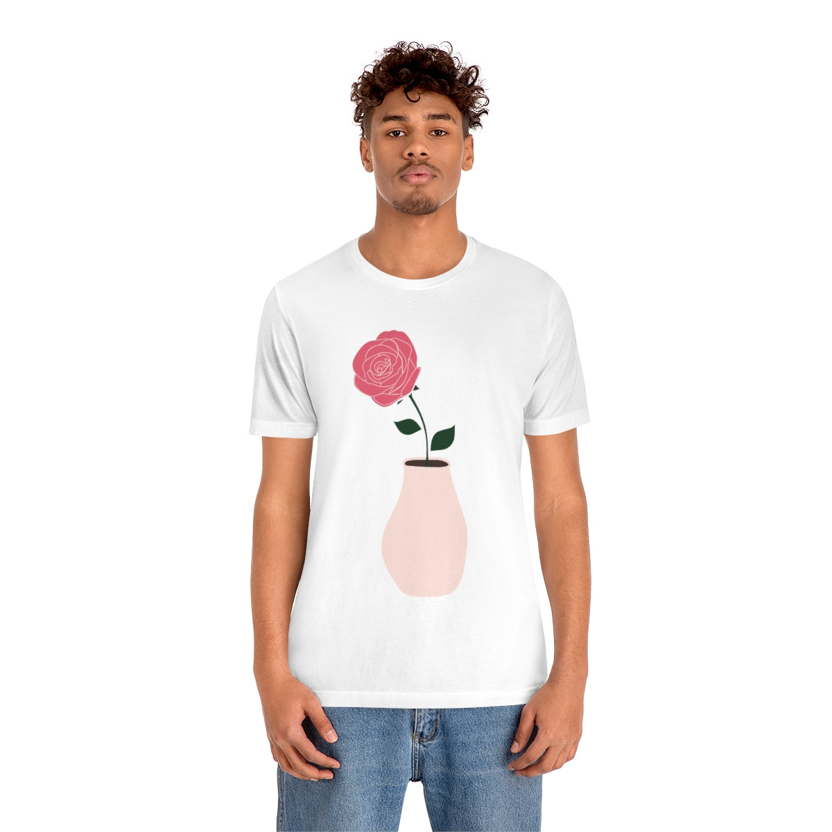 Pink Peony Minimal Art Retro Plant In The Vase Unisex Jersey Short Sleeve T-Shirt Ichaku [Perfect Gifts Selection]