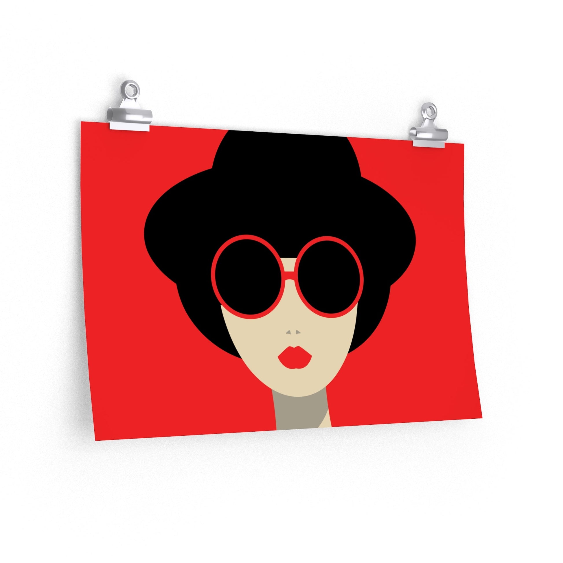 Portrait Woman Girl Red Lipstick With Black Hat Sunglases Minimalist  Art Premium Matte Horizontal Posters Ichaku [Perfect Gifts Selection]