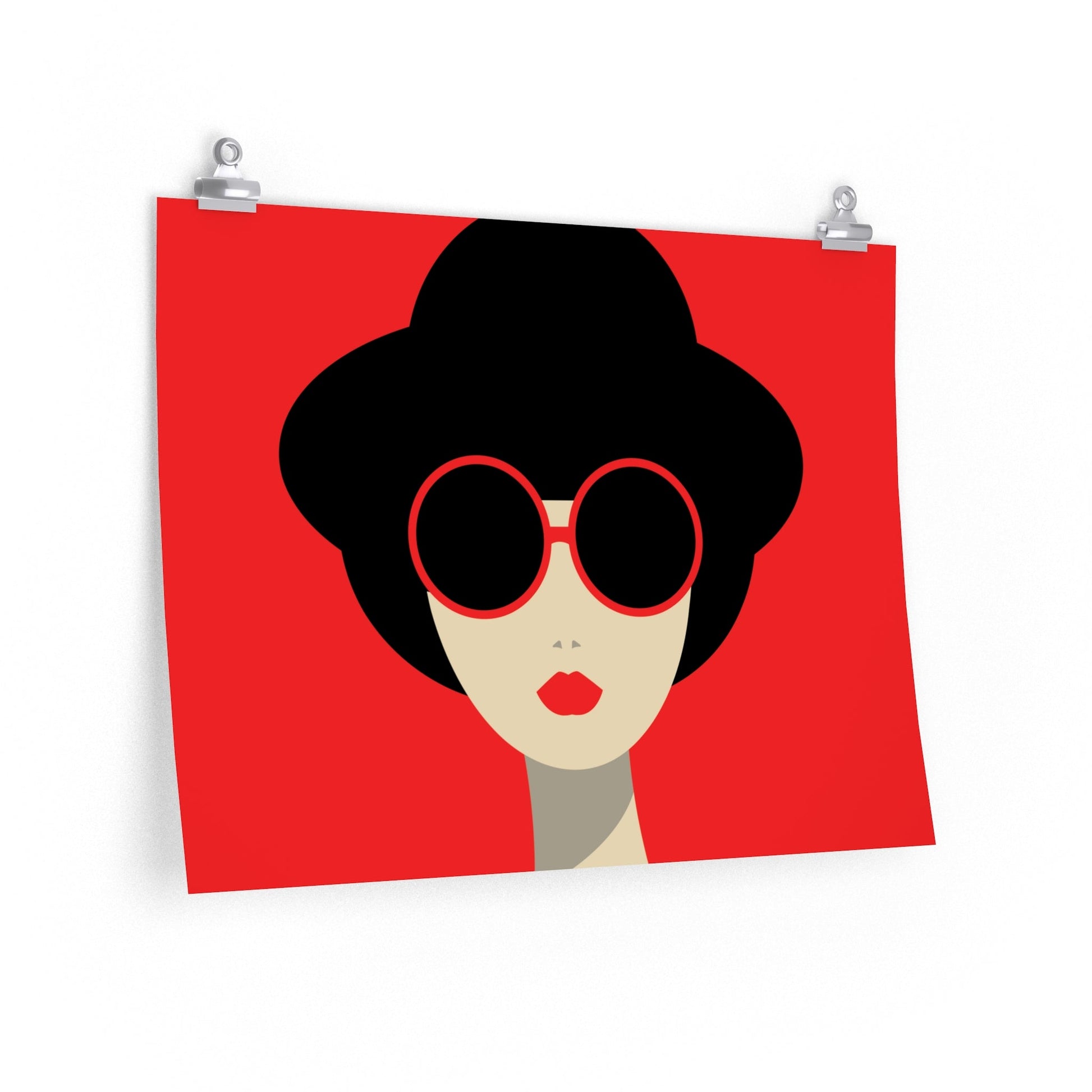 Portrait Woman Girl Red Lipstick With Black Hat Sunglases Minimalist  Art Premium Matte Horizontal Posters Ichaku [Perfect Gifts Selection]