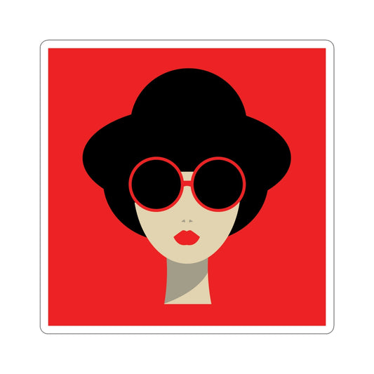Portrait Woman Girl Red Lipstick With Black Hat Sunglases Minimalist Die-Cut Sticker Ichaku [Perfect Gifts Selection]