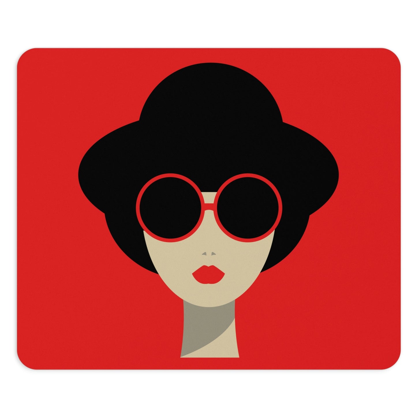 Portrait Woman Girl Red Lipstick With Black Hat Sunglases Minimalist Ergonomic Non-slip Creative Design Mouse Pad Ichaku [Perfect Gifts Selection]