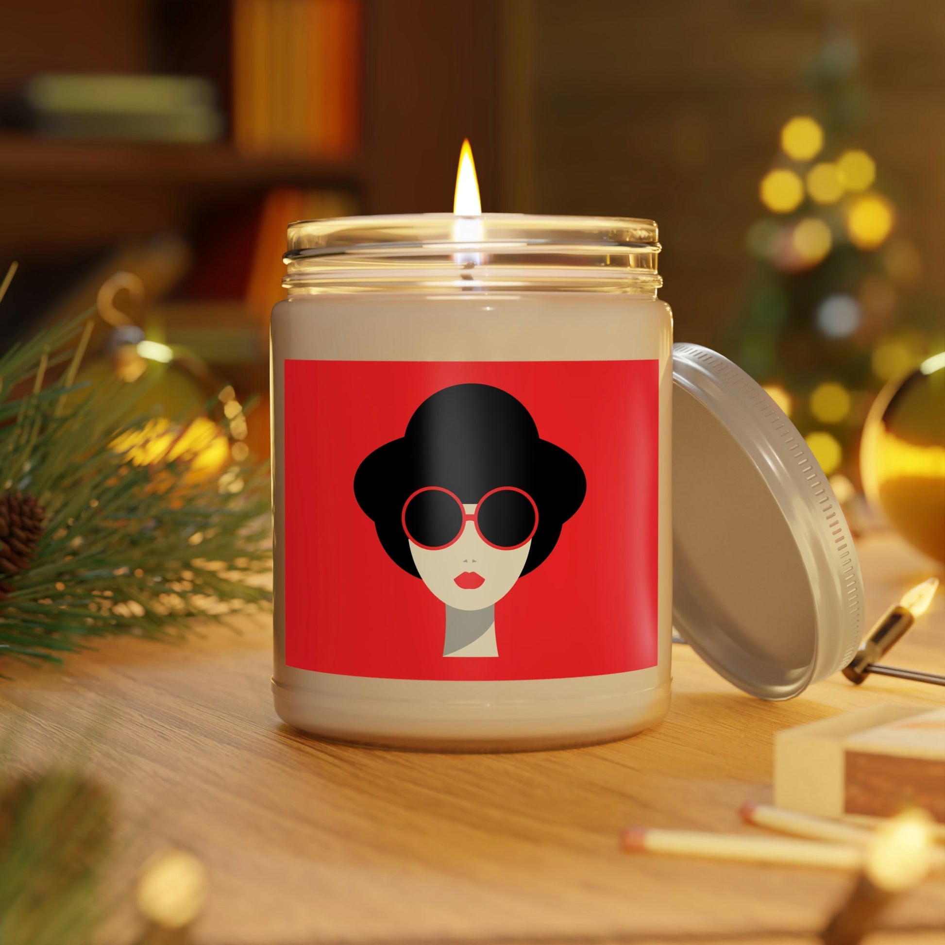 Portrait Woman Girl Red Lipstick With Black Hat Sunglases Minimalist Scented Candle Up to 60hSoy Wax 9oz Ichaku [Perfect Gifts Selection]