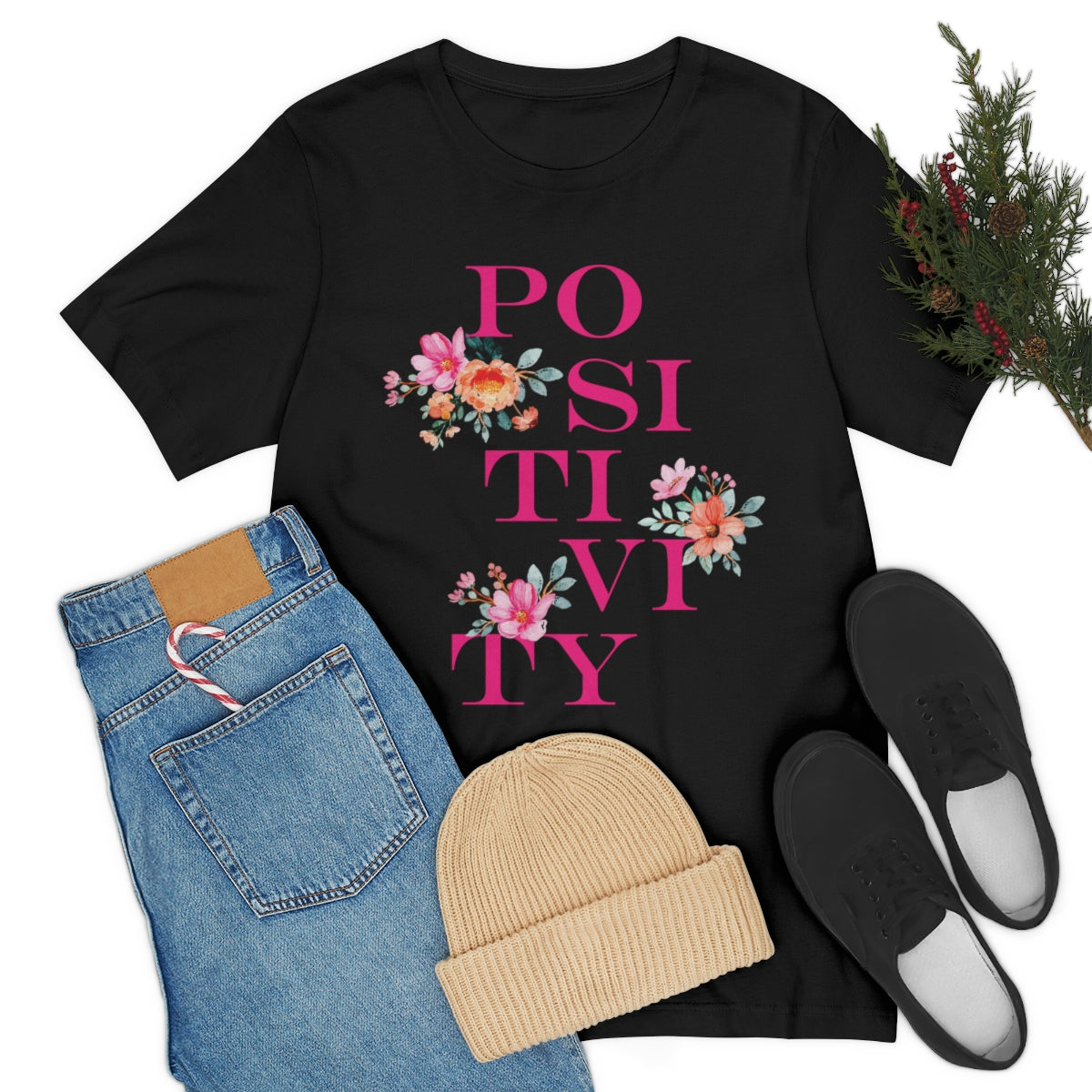 Positivity Aesthetic Flowers Inspiration Slogan Unisex Jersey Short Sleeve T-Shirt Ichaku [Perfect Gifts Selection]