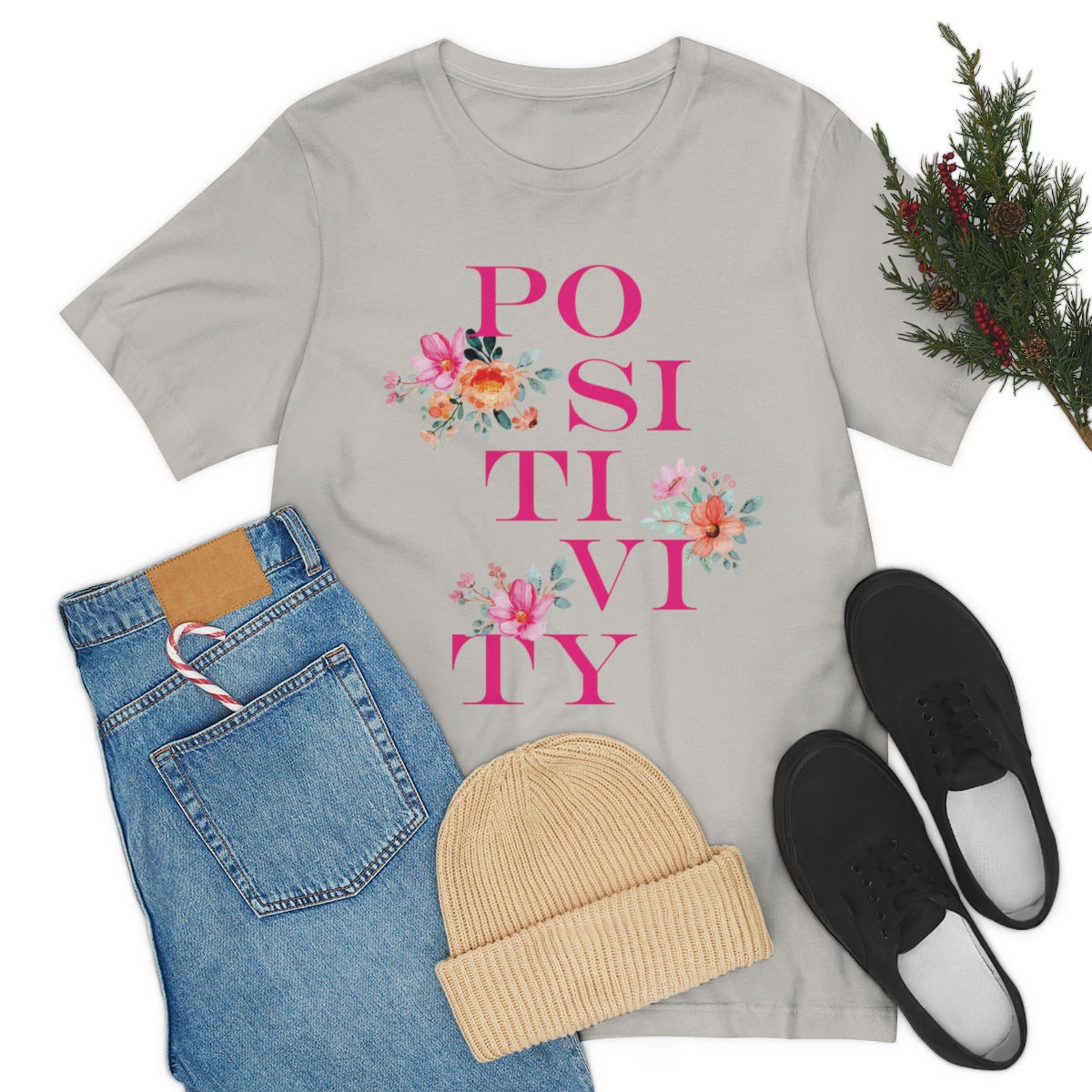 Positivity Aesthetic Flowers Inspiration Slogan Unisex Jersey Short Sleeve T-Shirt Ichaku [Perfect Gifts Selection]