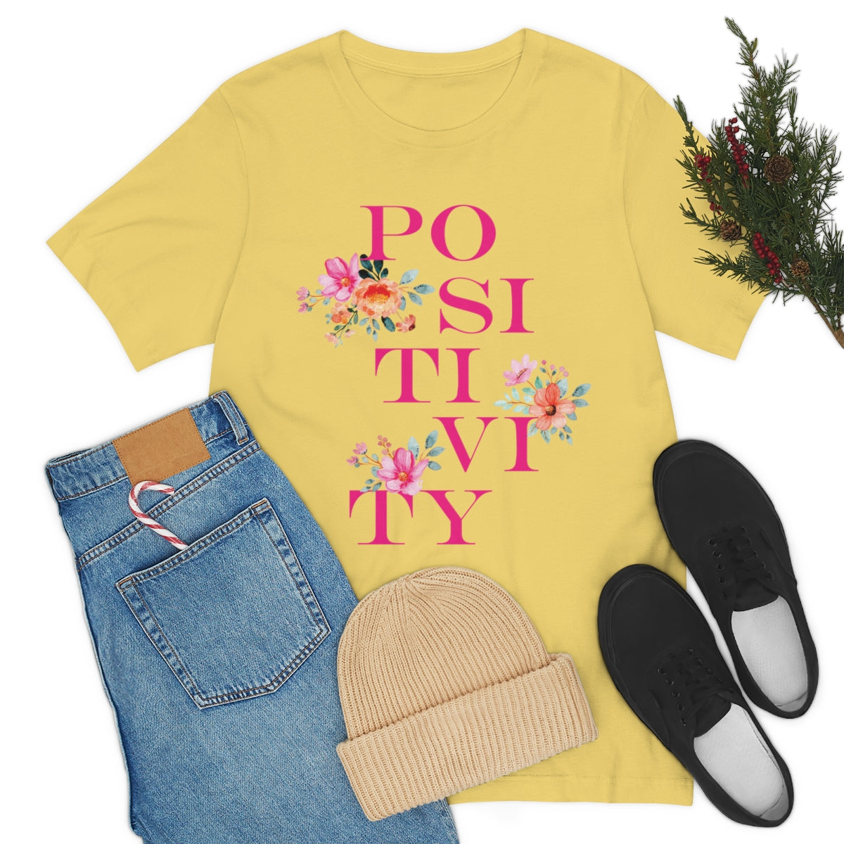 Positivity Aesthetic Flowers Inspiration Slogan Unisex Jersey Short Sleeve T-Shirt Ichaku [Perfect Gifts Selection]