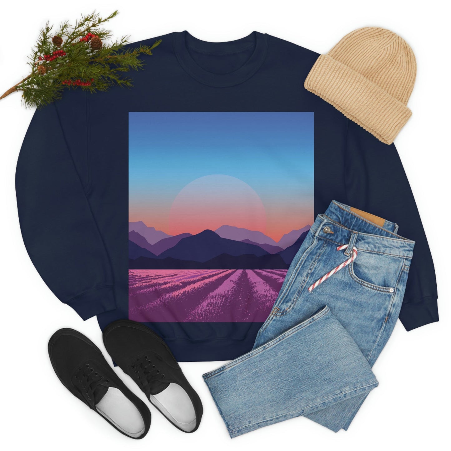 Provence Landscape Lavender Minimal Art Unisex Heavy Blend™ Crewneck Sweatshirt Ichaku [Perfect Gifts Selection]