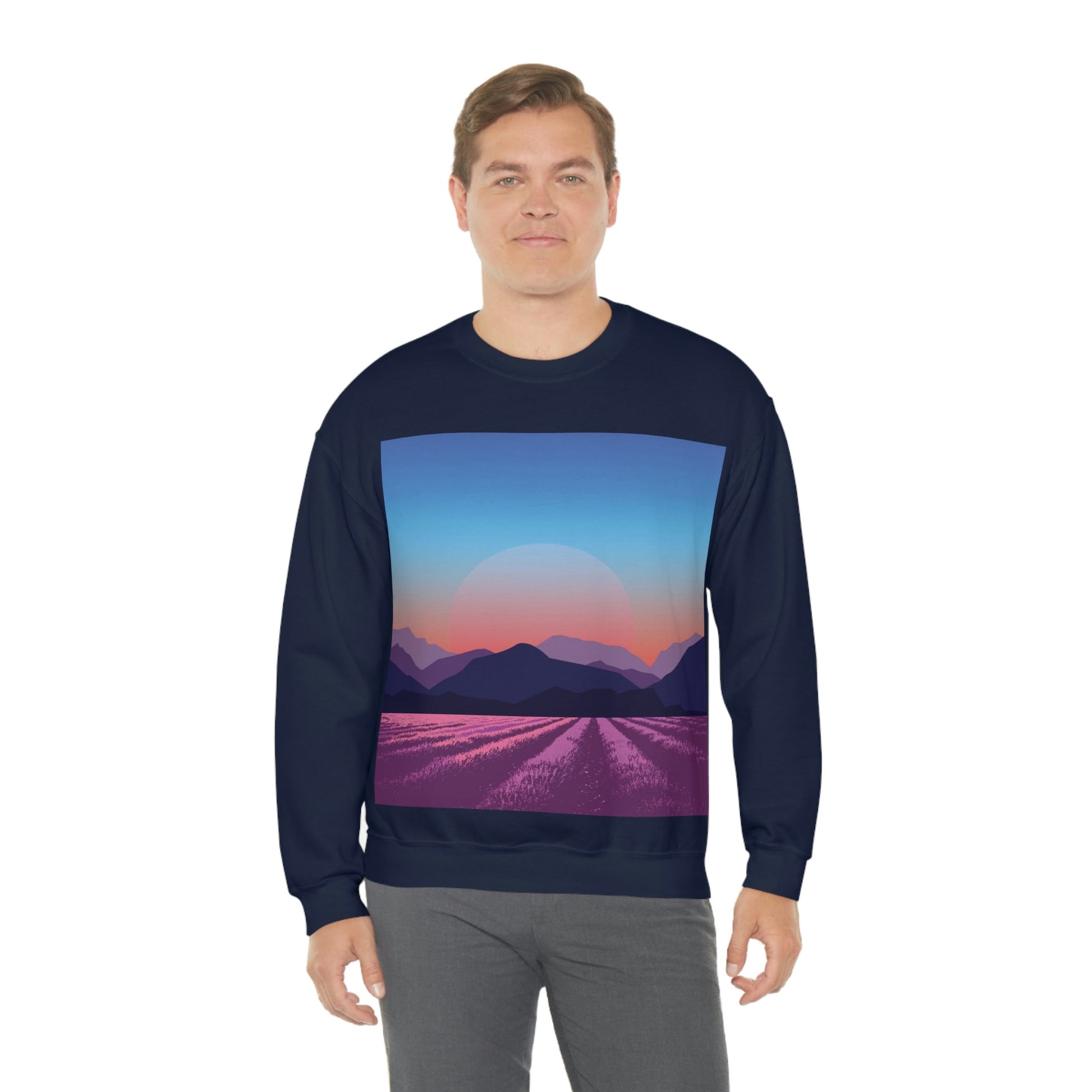 Provence Landscape Lavender Minimal Art Unisex Heavy Blend™ Crewneck Sweatshirt Ichaku [Perfect Gifts Selection]