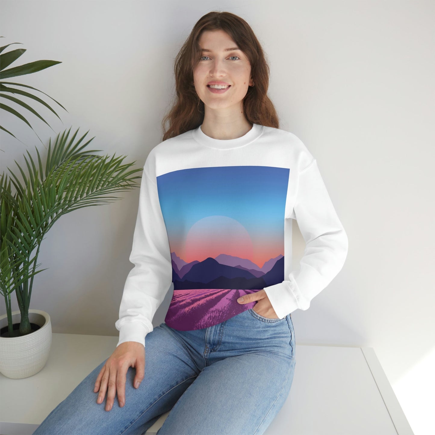 Provence Landscape Lavender Minimal Art Unisex Heavy Blend™ Crewneck Sweatshirt Ichaku [Perfect Gifts Selection]