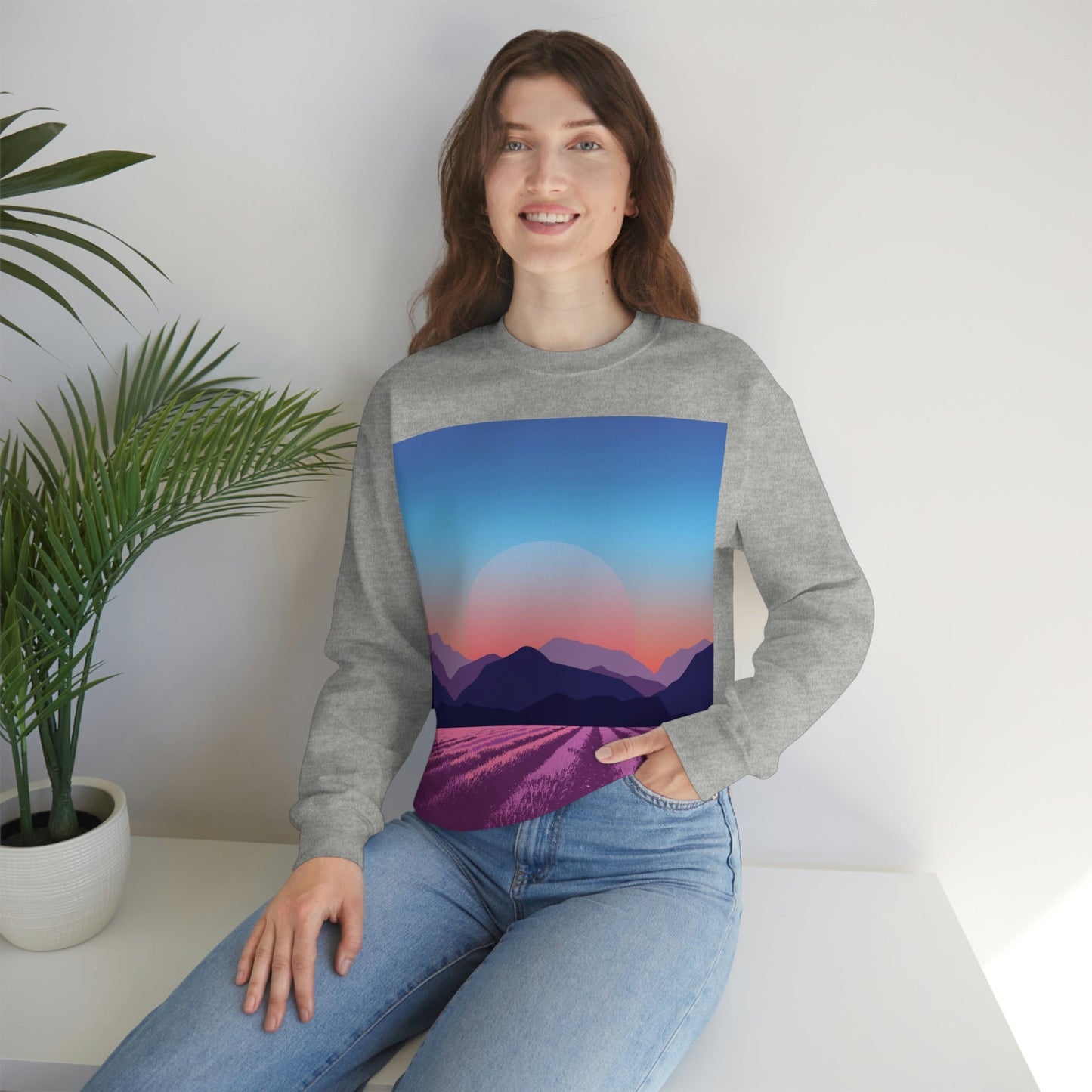 Provence Landscape Lavender Minimal Art Unisex Heavy Blend™ Crewneck Sweatshirt Ichaku [Perfect Gifts Selection]