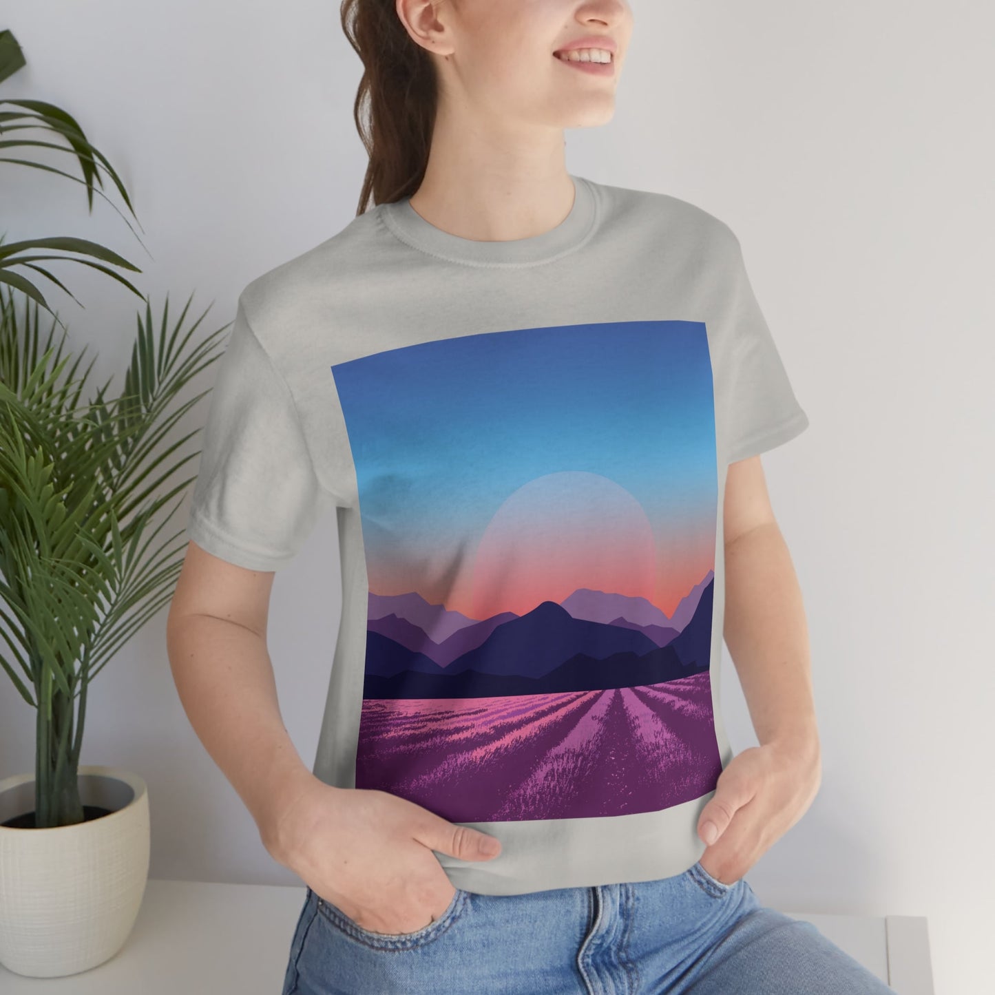 Provence Landscape Lavender Minimal Art Unisex Jersey Short Sleeve T-Shirt Ichaku [Perfect Gifts Selection]