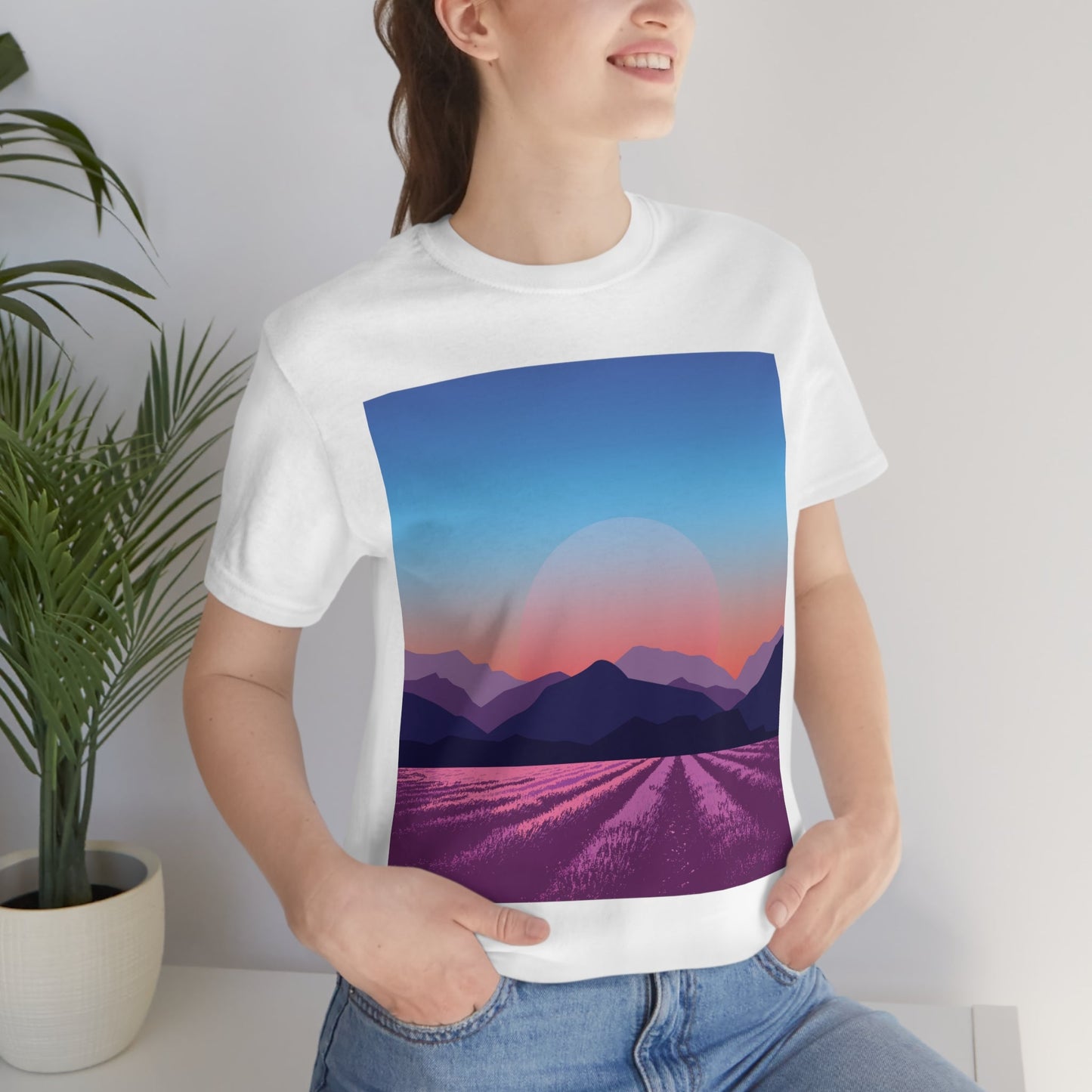 Provence Landscape Lavender Minimal Art Unisex Jersey Short Sleeve T-Shirt Ichaku [Perfect Gifts Selection]