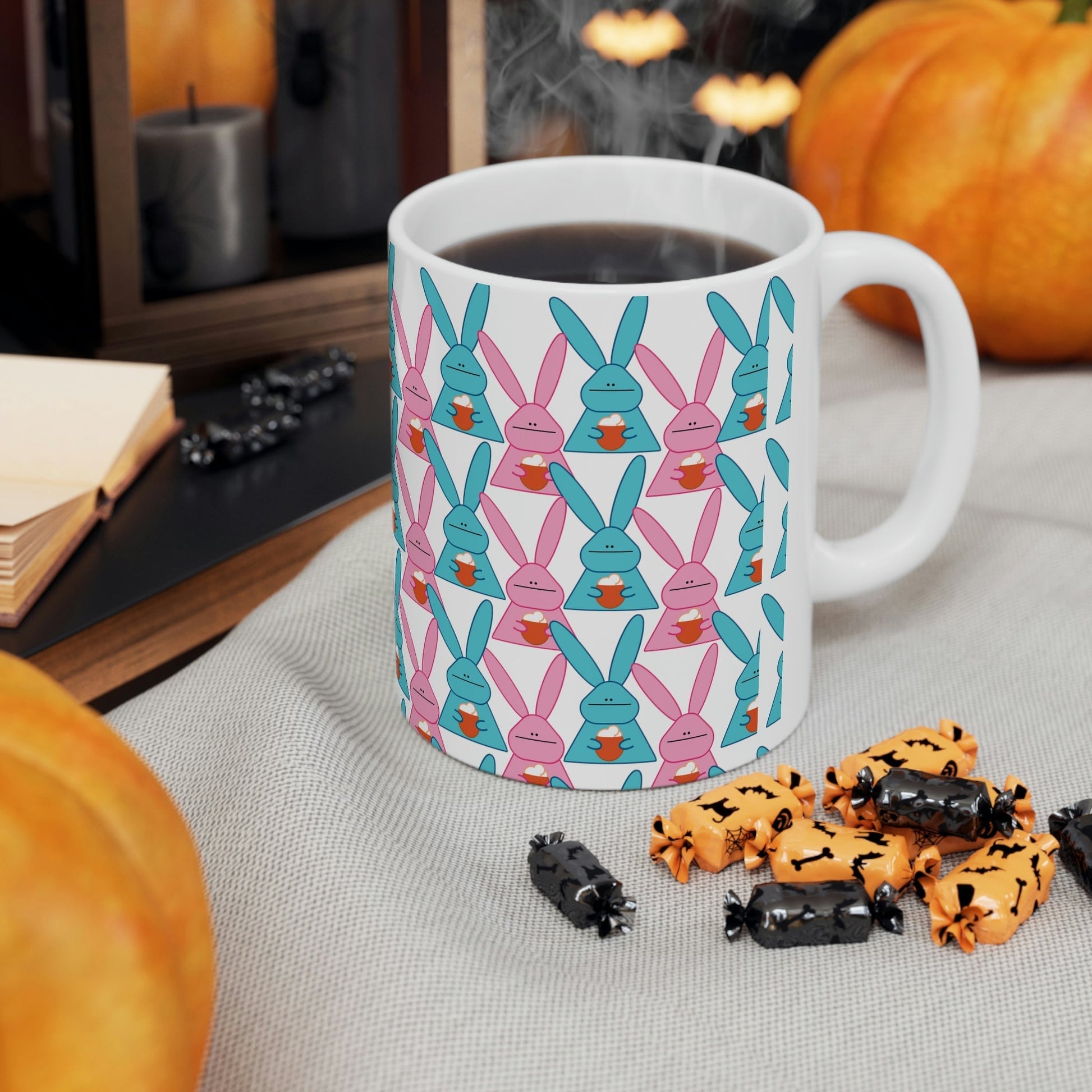 Rabbit With Pumpkin Latte Pattern Fall Mood Art Ceramic Mug 11oz Ichaku [Perfect Gifts Selection]