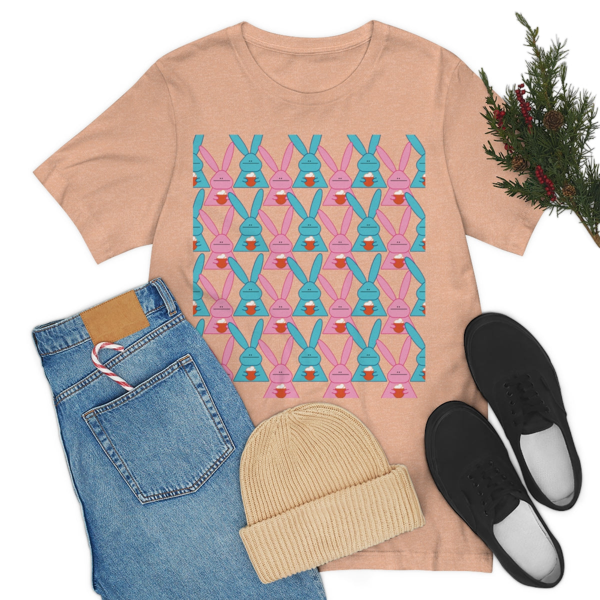 Rabbit With Pumpkin Latte Pattern Fall Mood Humor Unisex Jersey Short Sleeve T-Shirt Ichaku [Perfect Gifts Selection]