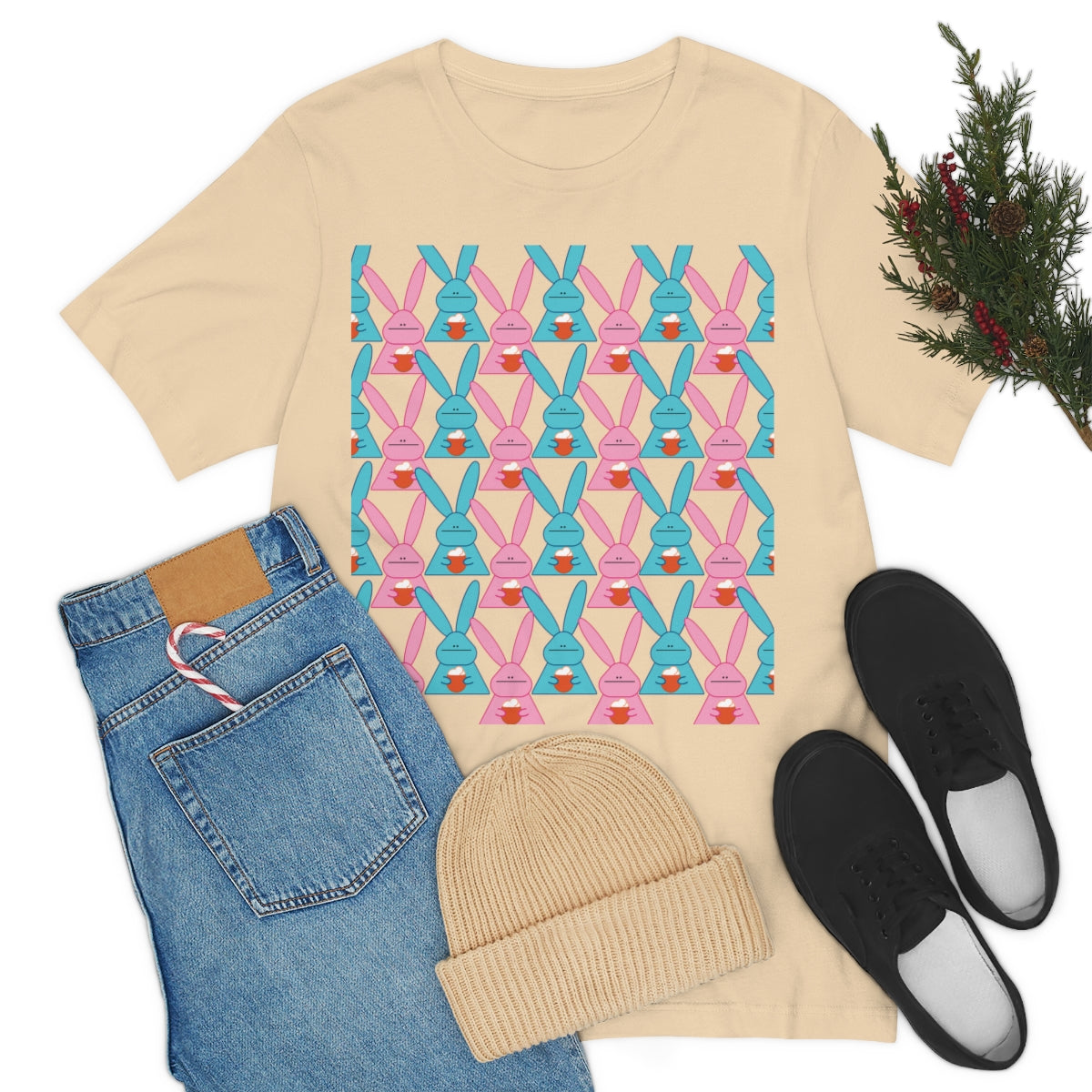 Rabbit With Pumpkin Latte Pattern Fall Mood Humor Unisex Jersey Short Sleeve T-Shirt Ichaku [Perfect Gifts Selection]