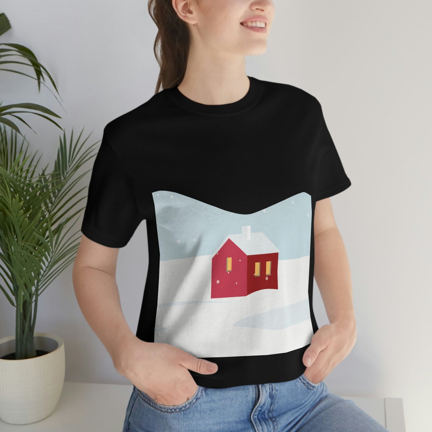 Red Cabin In The Snow Minimal Art Natural Graphic Aesthetic Unisex Jersey Short Sleeve T-Shirt Ichaku [Perfect Gifts Selection]