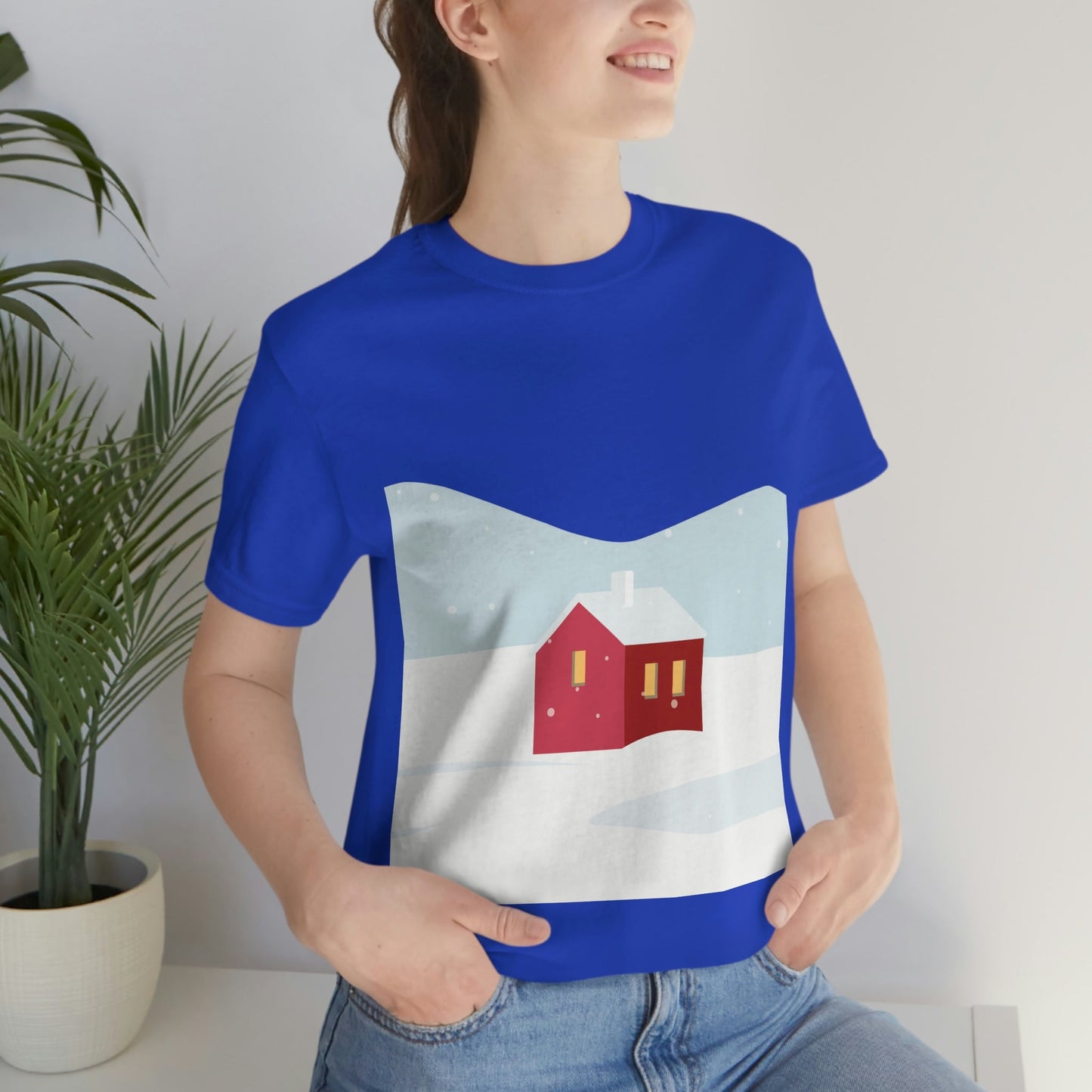 Red Cabin In The Snow Minimal Art Natural Graphic Aesthetic Unisex Jersey Short Sleeve T-Shirt Ichaku [Perfect Gifts Selection]