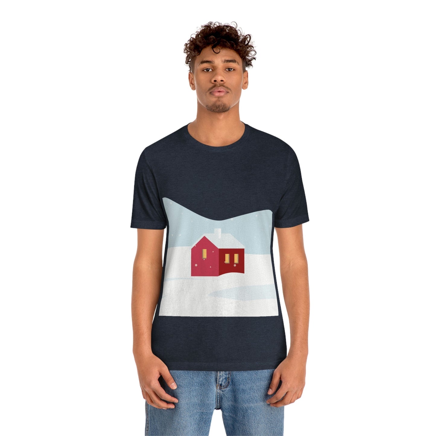 Red Cabin In The Snow Minimal Art Natural Graphic Aesthetic Unisex Jersey Short Sleeve T-Shirt Ichaku [Perfect Gifts Selection]