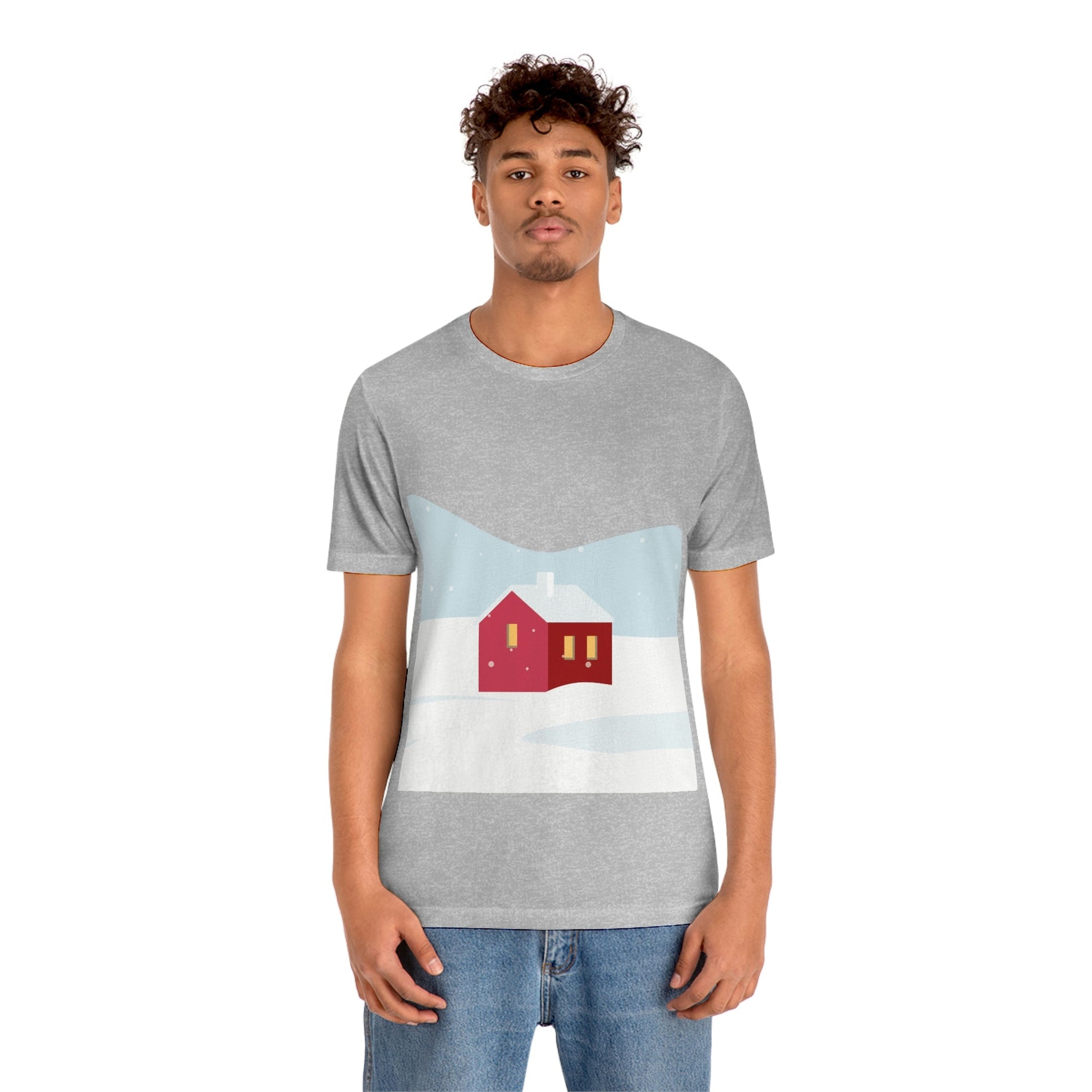 Red Cabin In The Snow Minimal Art Natural Graphic Aesthetic Unisex Jersey Short Sleeve T-Shirt Ichaku [Perfect Gifts Selection]