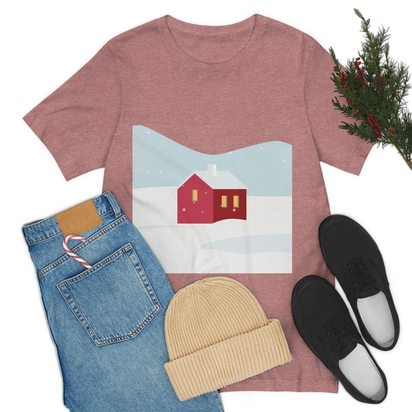 Red Cabin In The Snow Minimal Art Natural Graphic Aesthetic Unisex Jersey Short Sleeve T-Shirt Ichaku [Perfect Gifts Selection]