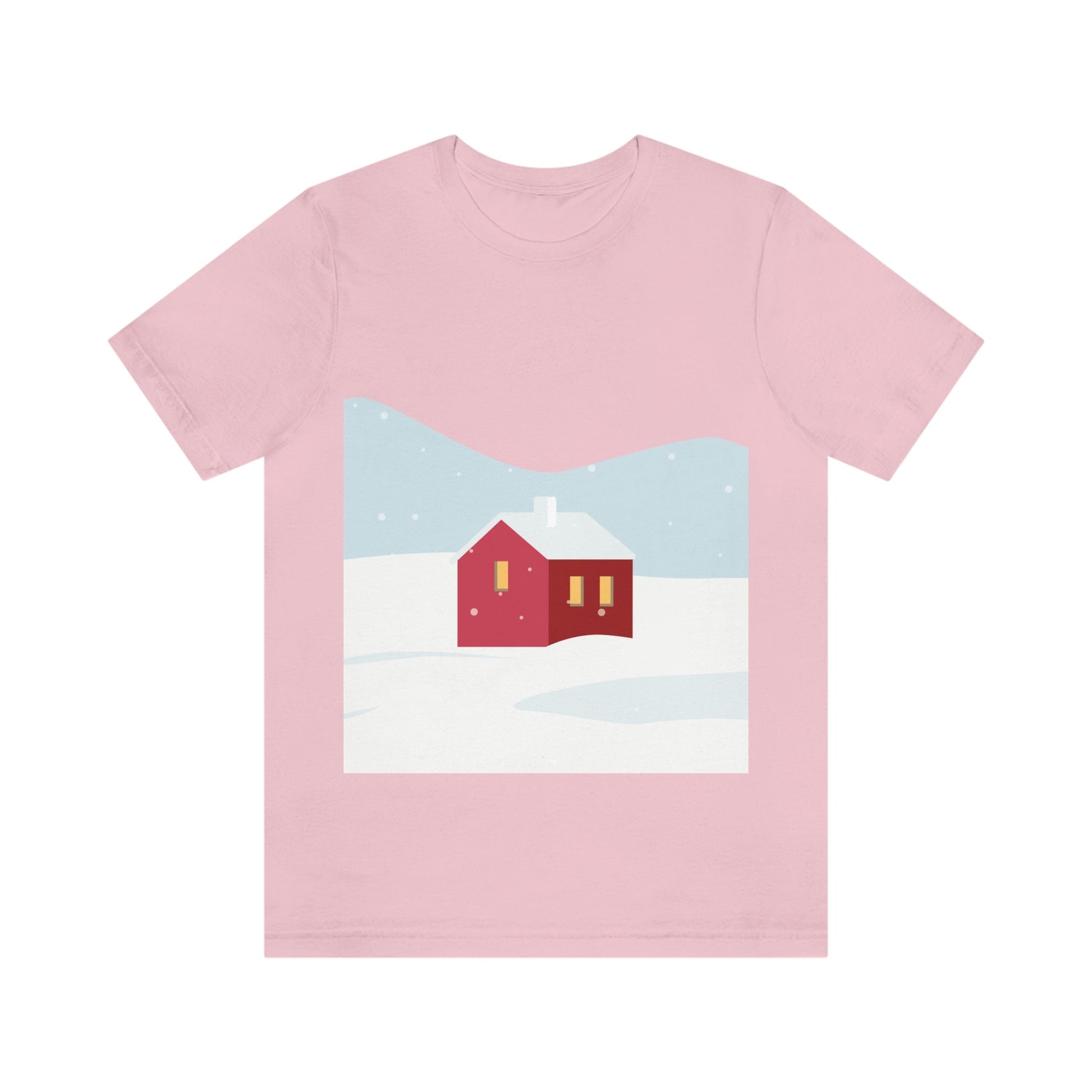 Red Cabin In The Snow Minimal Art Natural Graphic Aesthetic Unisex Jersey Short Sleeve T-Shirt Ichaku [Perfect Gifts Selection]