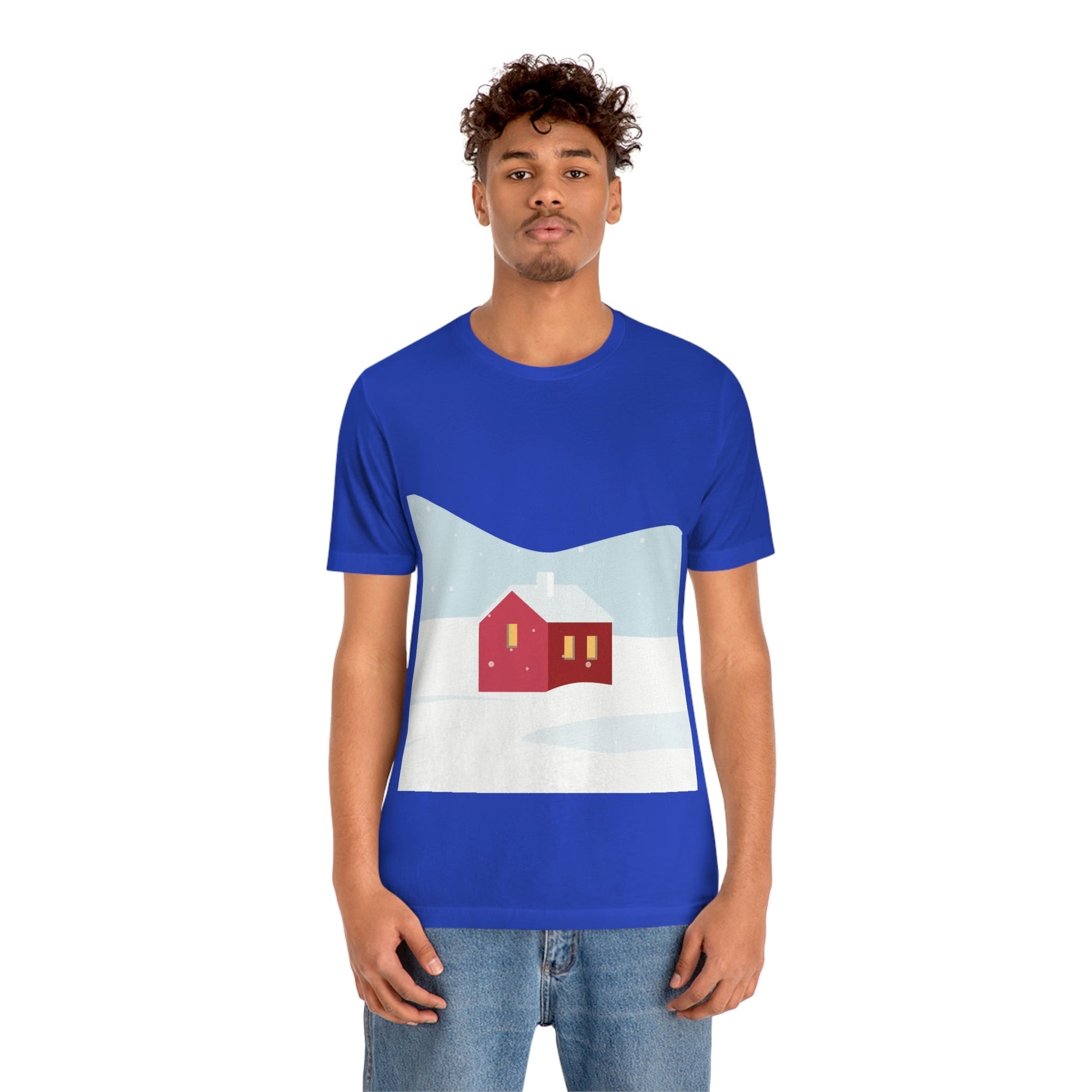 Red Cabin In The Snow Minimal Art Natural Graphic Aesthetic Unisex Jersey Short Sleeve T-Shirt Ichaku [Perfect Gifts Selection]