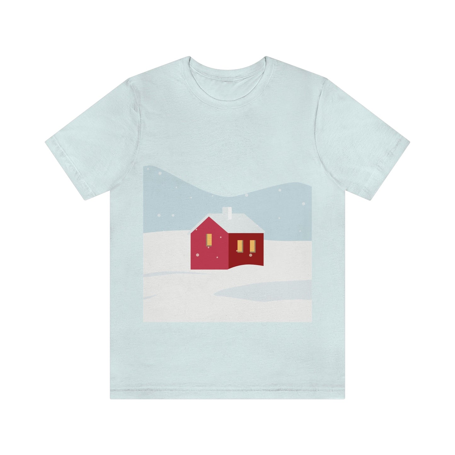 Red Cabin In The Snow Minimal Art Natural Graphic Aesthetic Unisex Jersey Short Sleeve T-Shirt Ichaku [Perfect Gifts Selection]