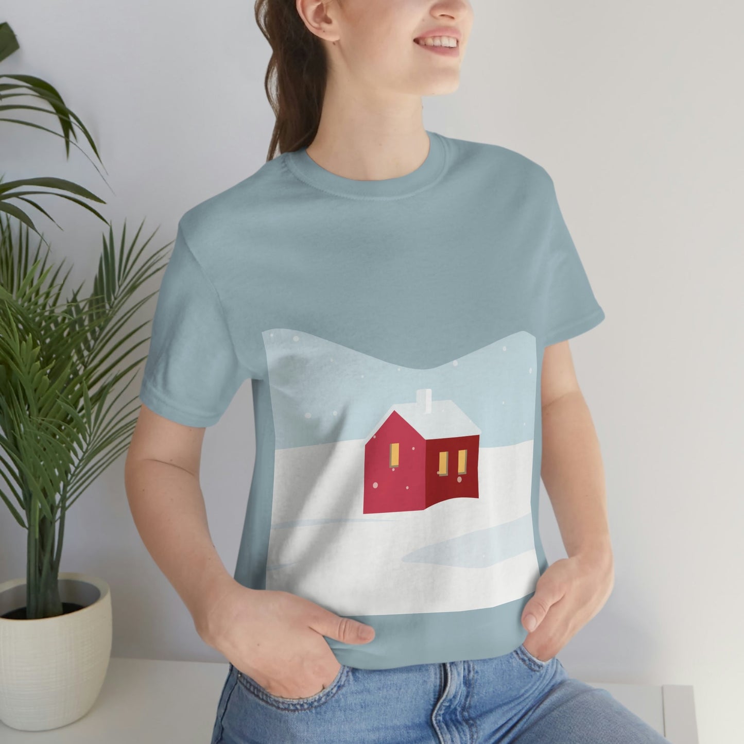 Red Cabin In The Snow Minimal Art Natural Graphic Aesthetic Unisex Jersey Short Sleeve T-Shirt Ichaku [Perfect Gifts Selection]