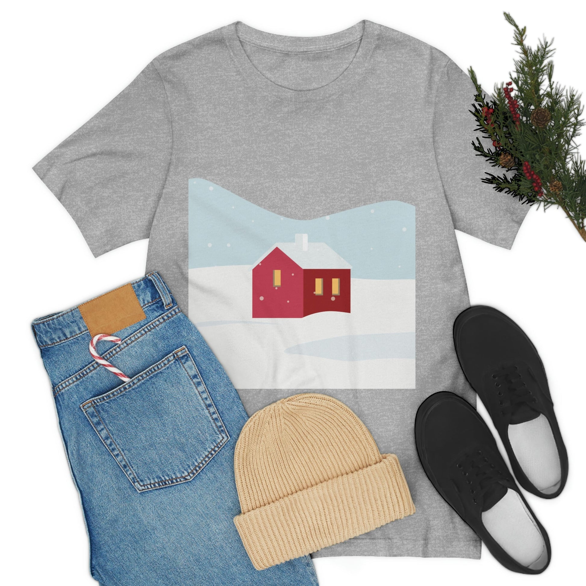 Red Cabin In The Snow Minimal Art Natural Graphic Aesthetic Unisex Jersey Short Sleeve T-Shirt Ichaku [Perfect Gifts Selection]