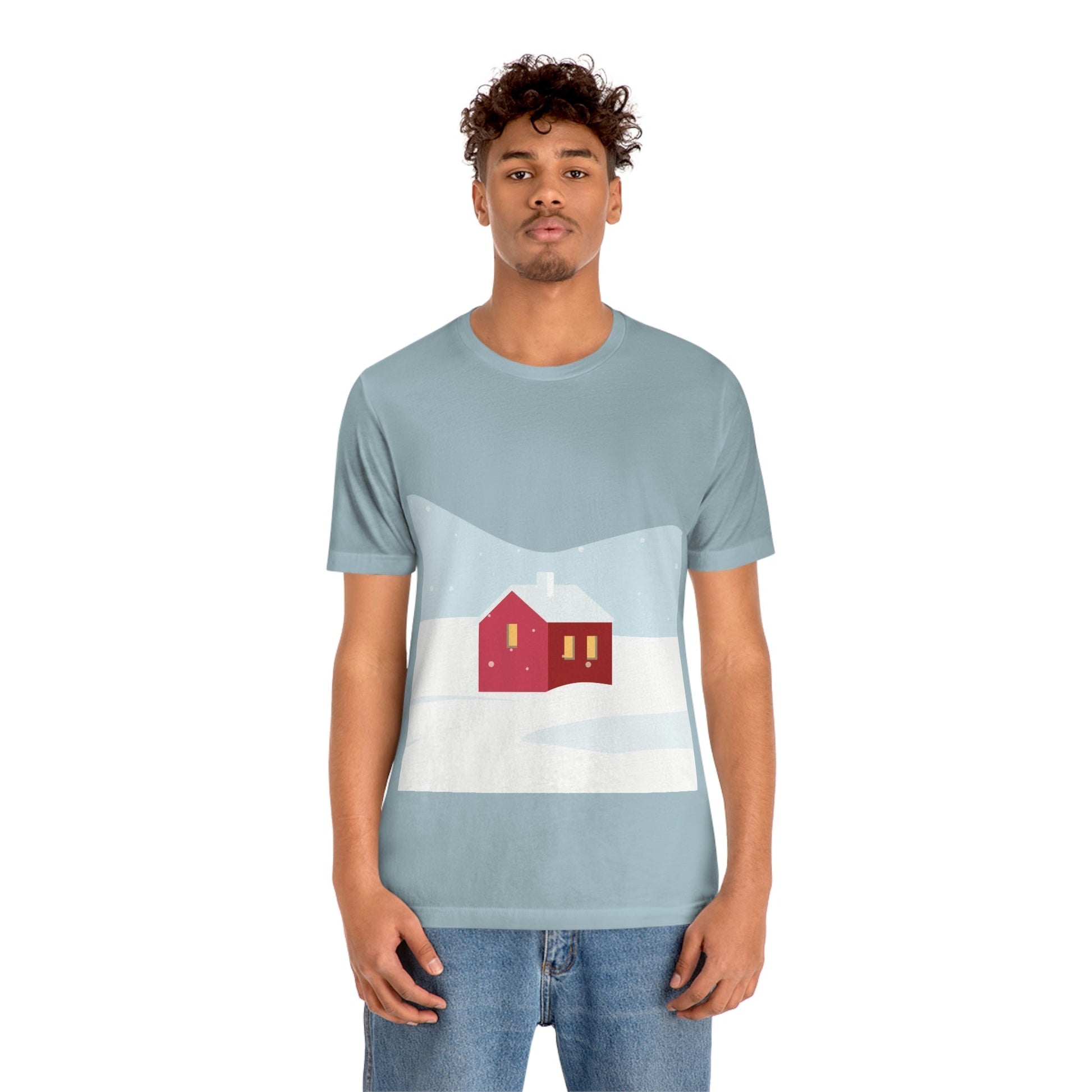 Red Cabin In The Snow Minimal Art Natural Graphic Aesthetic Unisex Jersey Short Sleeve T-Shirt Ichaku [Perfect Gifts Selection]