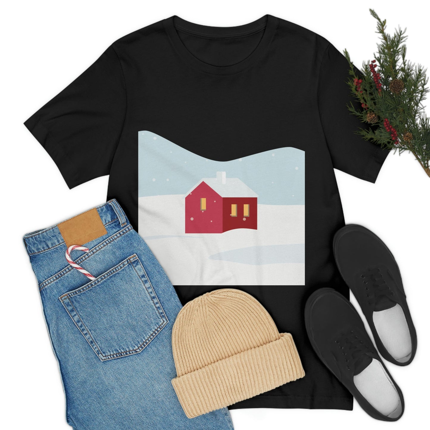 Red Cabin In The Snow Minimal Art Natural Graphic Aesthetic Unisex Jersey Short Sleeve T-Shirt Ichaku [Perfect Gifts Selection]