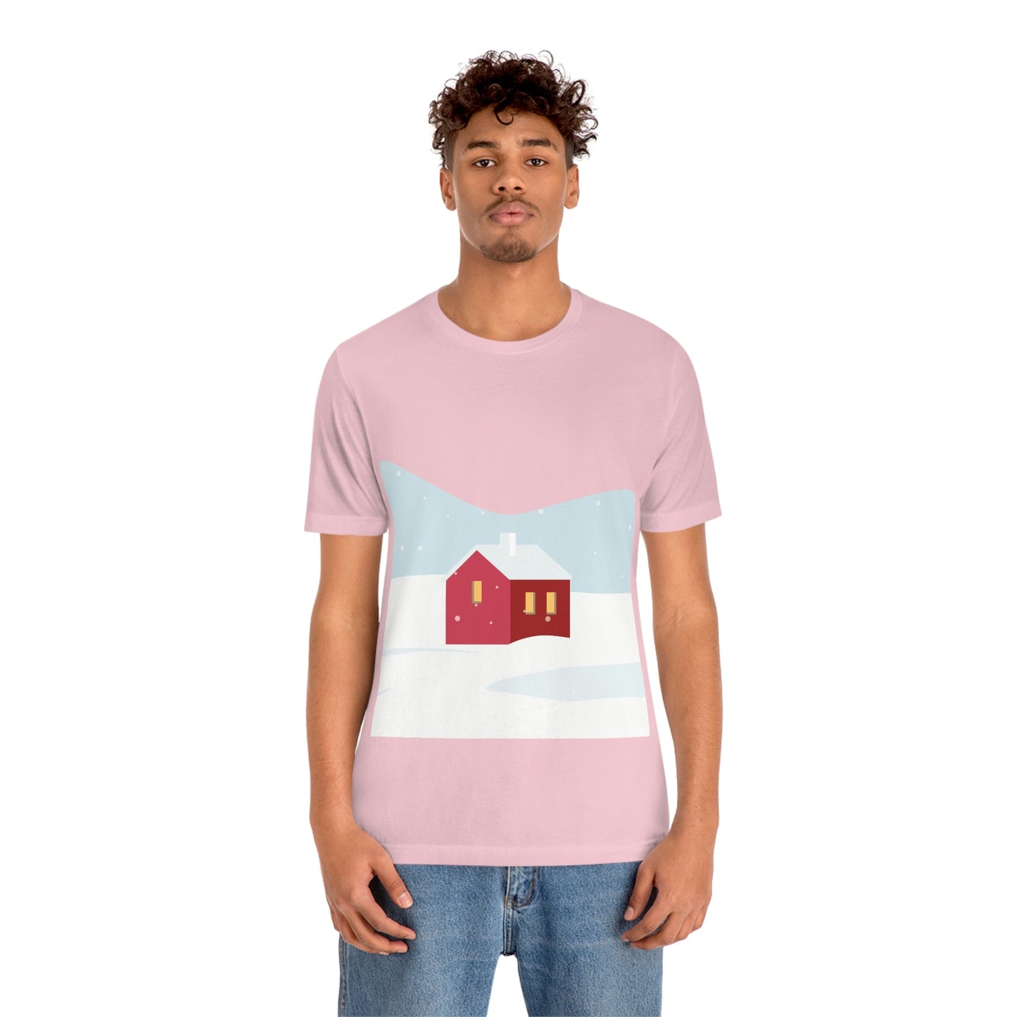 Red Cabin In The Snow Minimal Art Natural Graphic Aesthetic Unisex Jersey Short Sleeve T-Shirt Ichaku [Perfect Gifts Selection]