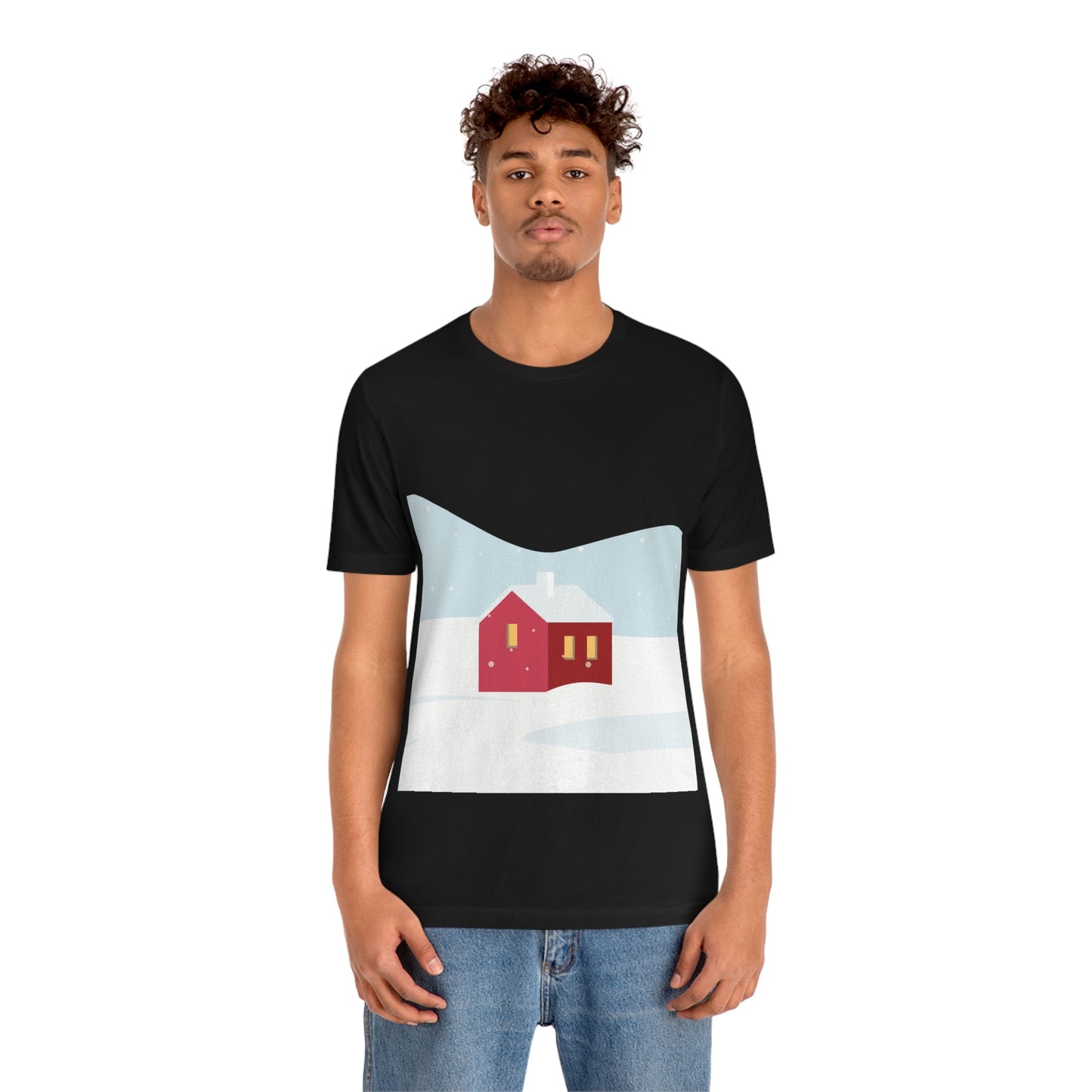 Red Cabin In The Snow Minimal Art Natural Graphic Aesthetic Unisex Jersey Short Sleeve T-Shirt Ichaku [Perfect Gifts Selection]