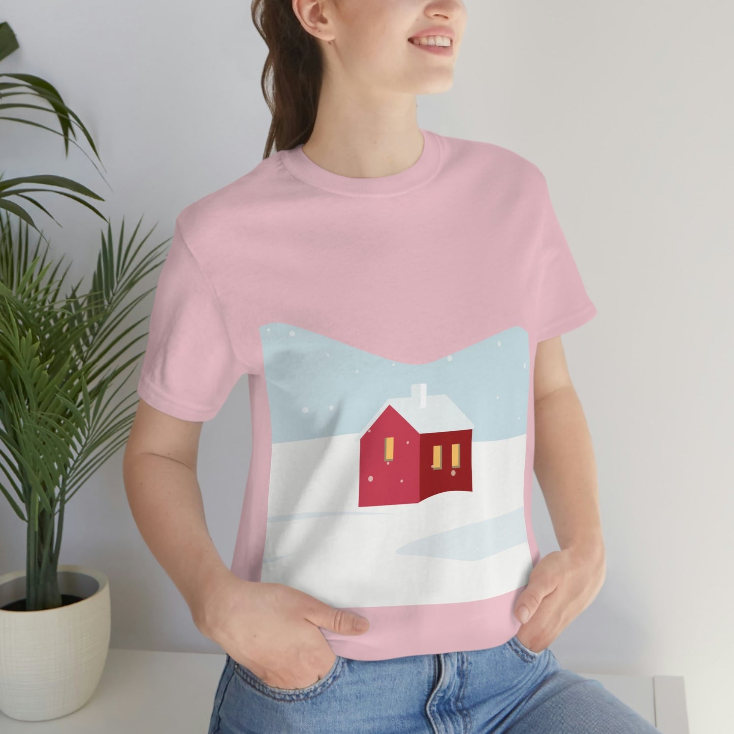 Red Cabin In The Snow Minimal Art Natural Graphic Aesthetic Unisex Jersey Short Sleeve T-Shirt Ichaku [Perfect Gifts Selection]