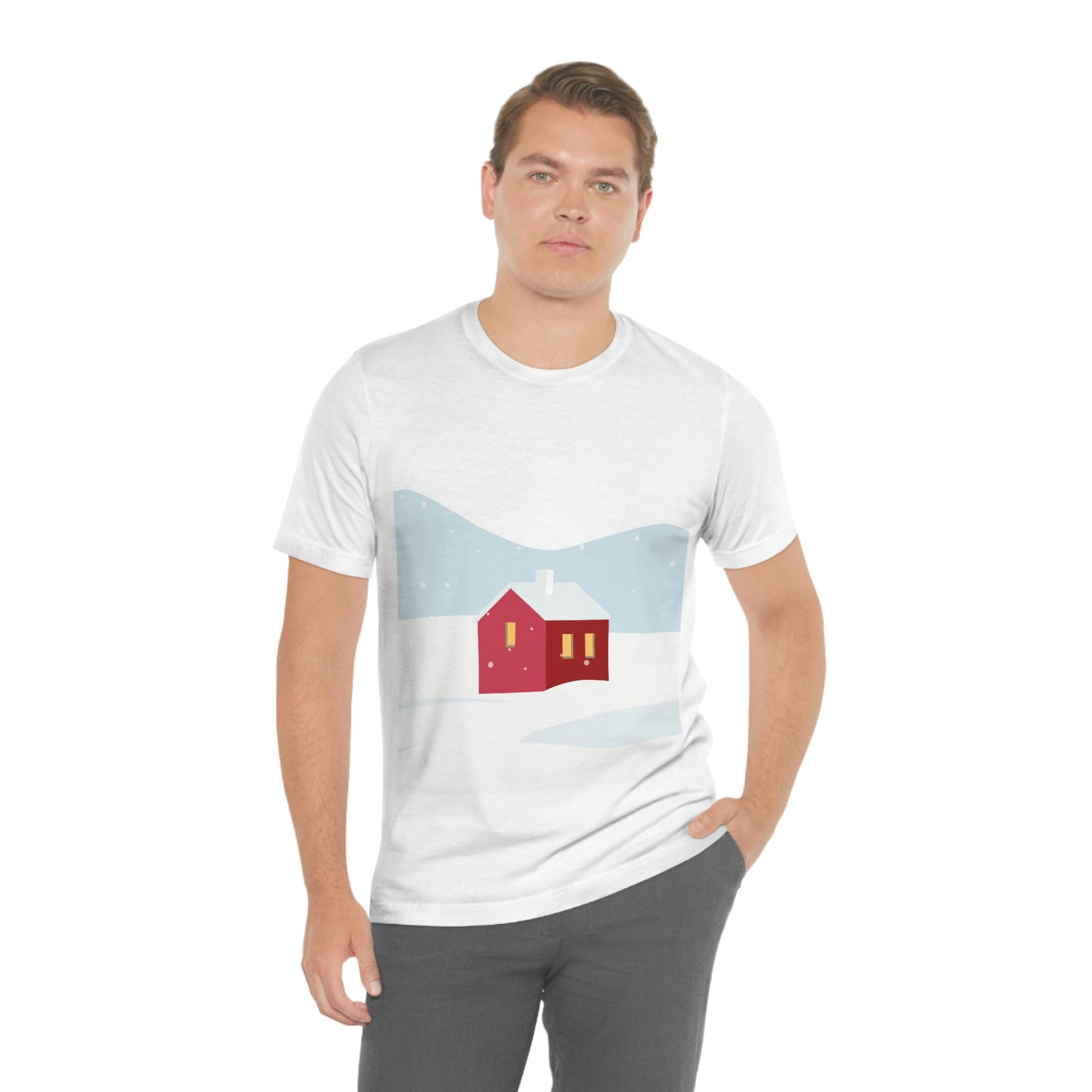 Red Cabin In The Snow Minimal Art Natural Graphic Aesthetic Unisex Jersey Short Sleeve T-Shirt Ichaku [Perfect Gifts Selection]