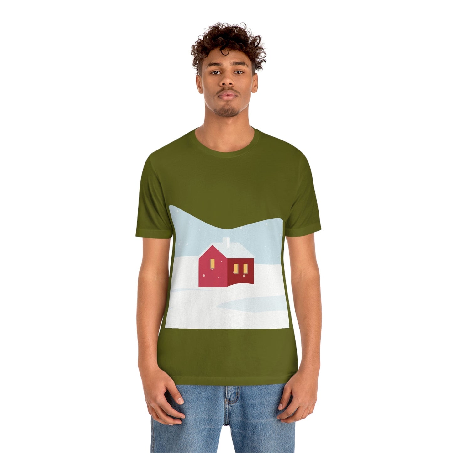 Red Cabin In The Snow Minimal Art Natural Graphic Aesthetic Unisex Jersey Short Sleeve T-Shirt Ichaku [Perfect Gifts Selection]