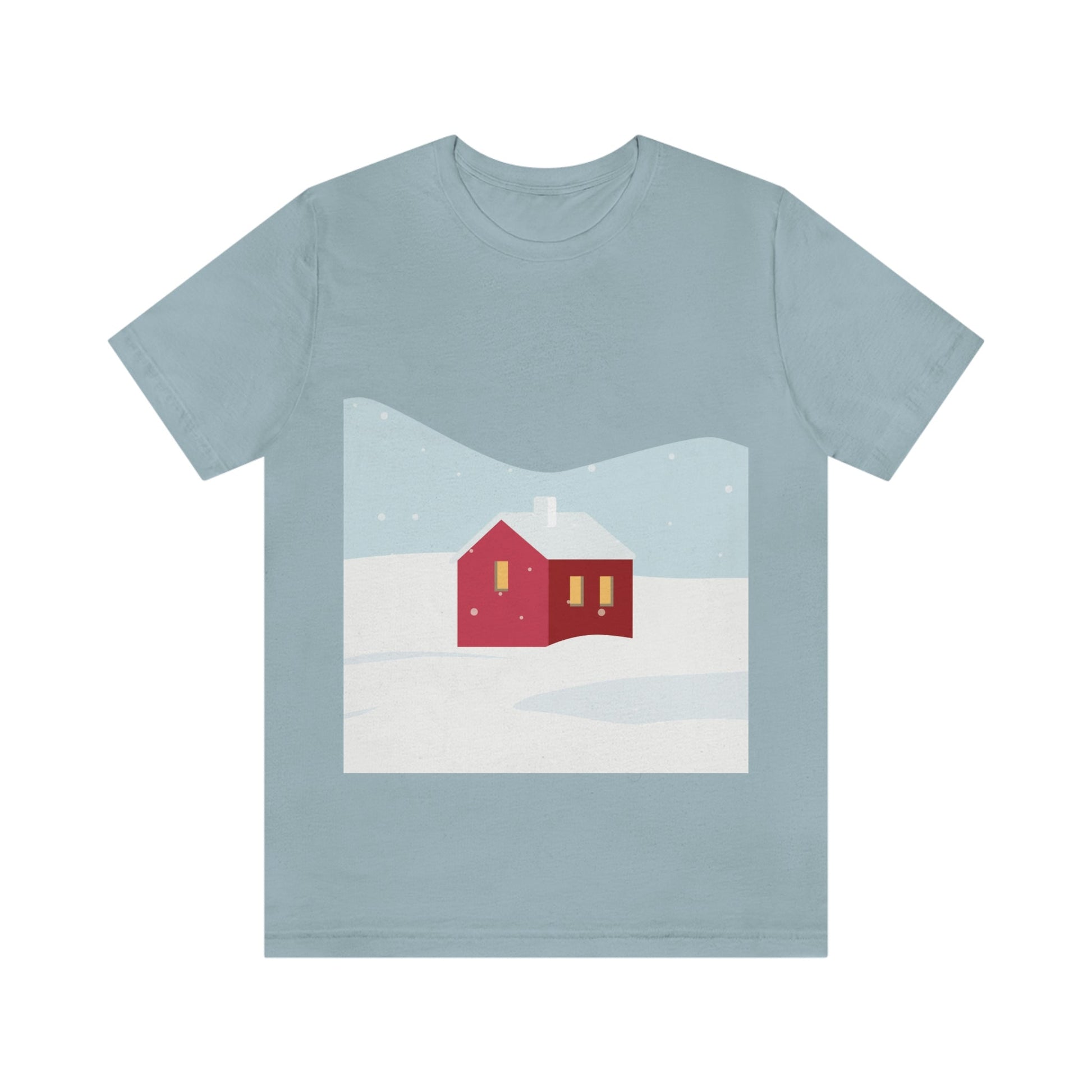 Red Cabin In The Snow Minimal Art Natural Graphic Aesthetic Unisex Jersey Short Sleeve T-Shirt Ichaku [Perfect Gifts Selection]