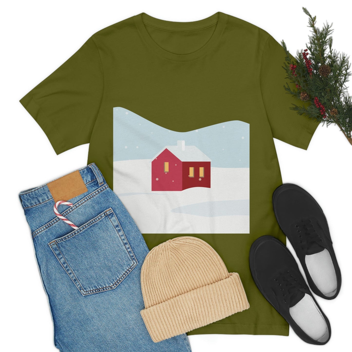 Red Cabin In The Snow Minimal Art Natural Graphic Aesthetic Unisex Jersey Short Sleeve T-Shirt Ichaku [Perfect Gifts Selection]