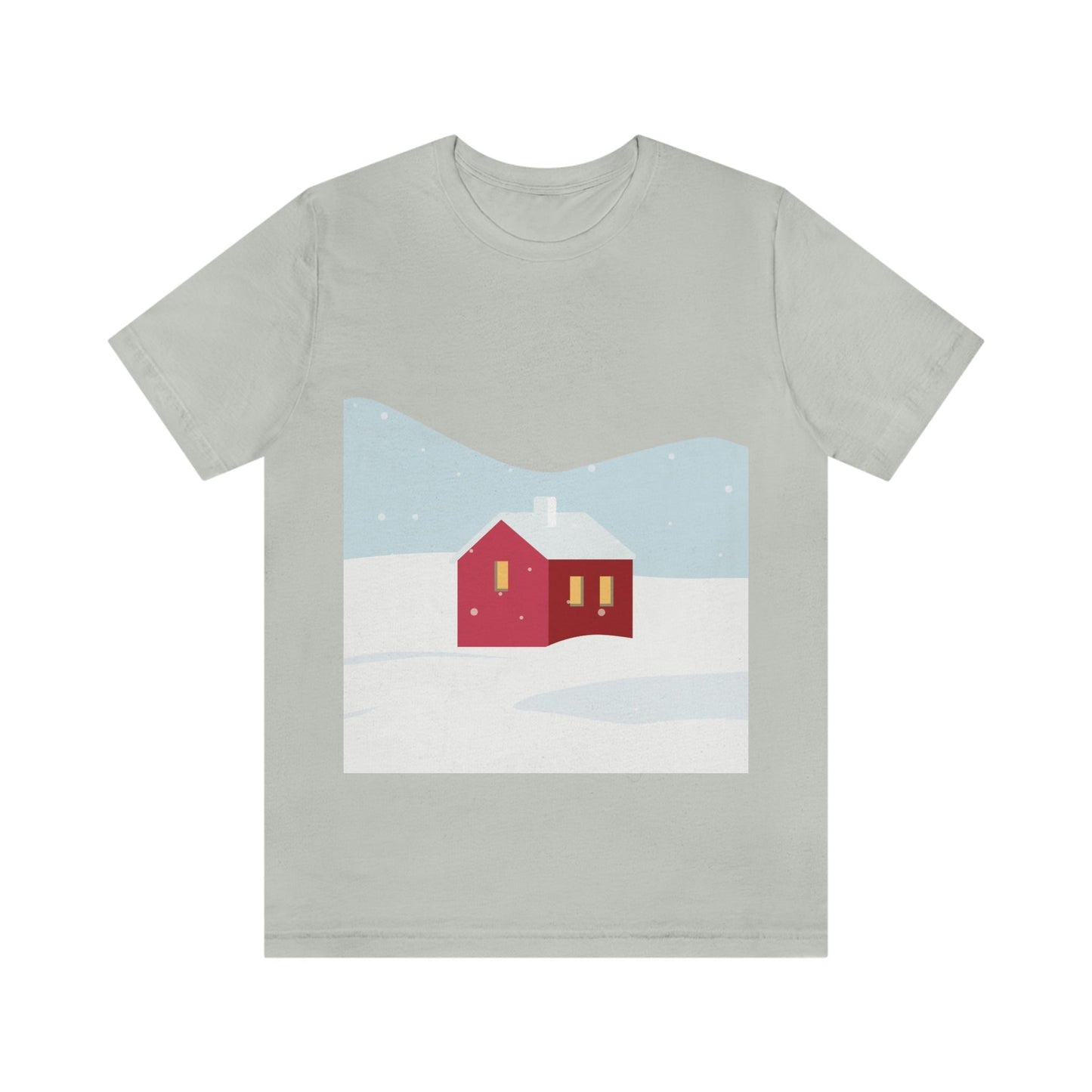 Red Cabin In The Snow Minimal Art Natural Graphic Aesthetic Unisex Jersey Short Sleeve T-Shirt Ichaku [Perfect Gifts Selection]