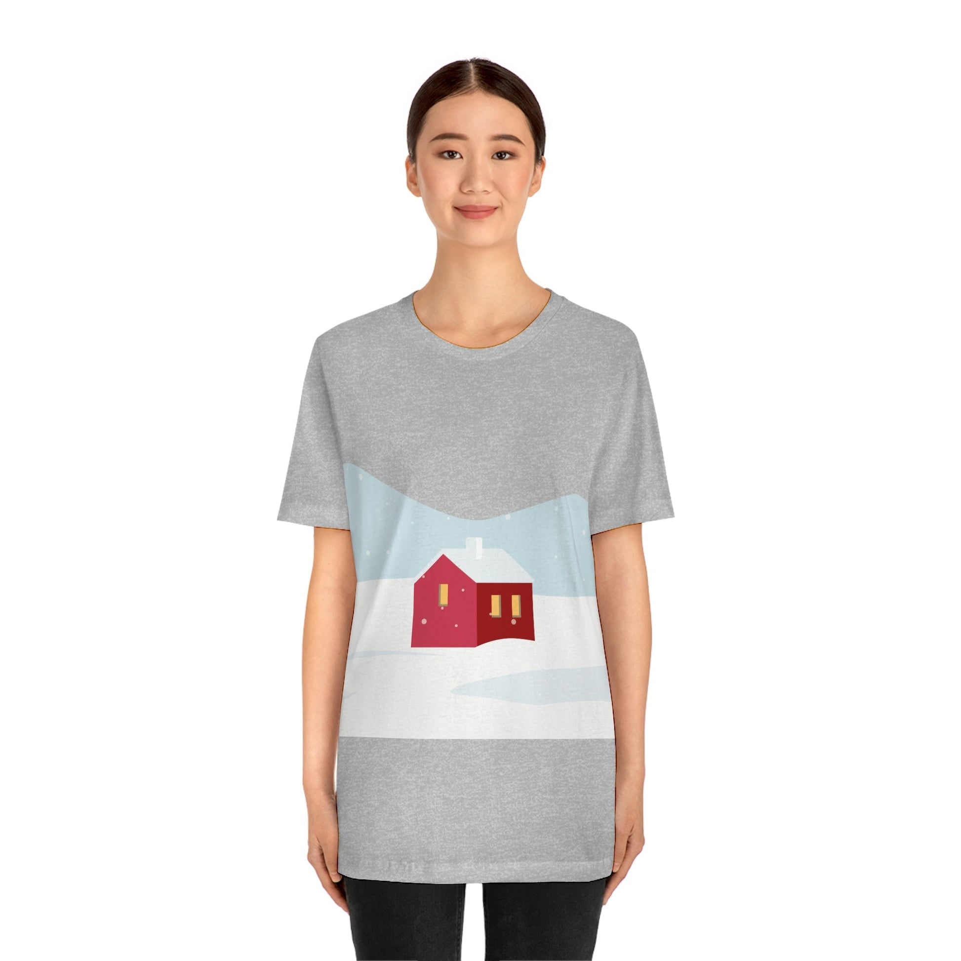 Red Cabin In The Snow Minimal Art Natural Graphic Aesthetic Unisex Jersey Short Sleeve T-Shirt Ichaku [Perfect Gifts Selection]