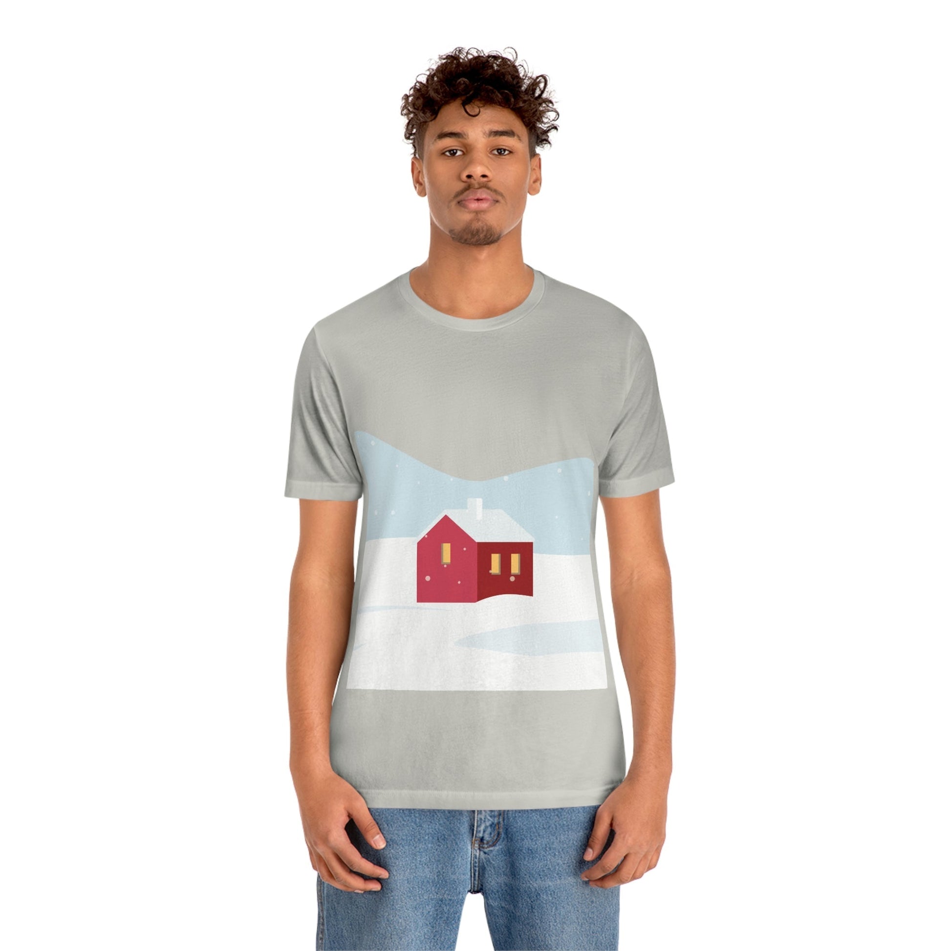 Red Cabin In The Snow Minimal Art Natural Graphic Aesthetic Unisex Jersey Short Sleeve T-Shirt Ichaku [Perfect Gifts Selection]