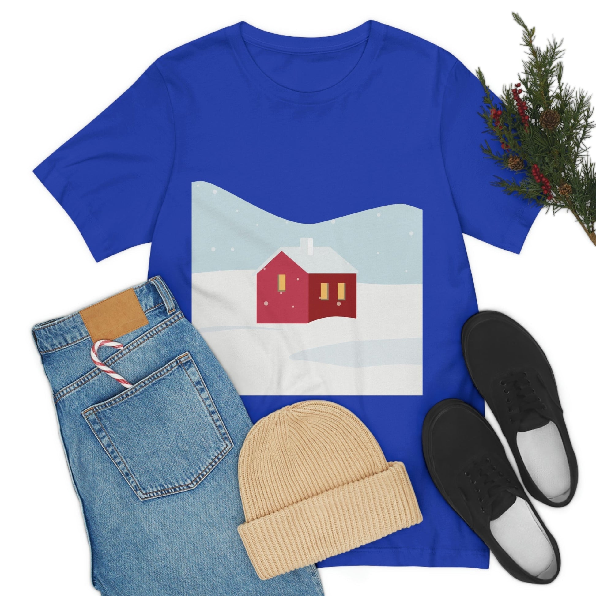 Red Cabin In The Snow Minimal Art Natural Graphic Aesthetic Unisex Jersey Short Sleeve T-Shirt Ichaku [Perfect Gifts Selection]