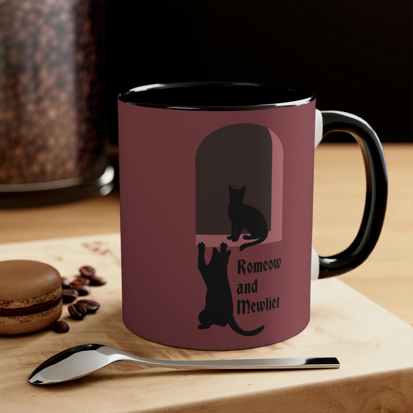 Romeow and Mewliet William Shakespeare Romeo And Juliet Black Cat Lovers Burgundy Classic Accent Coffee Mug 11oz Ichaku [Perfect Gifts Selection]