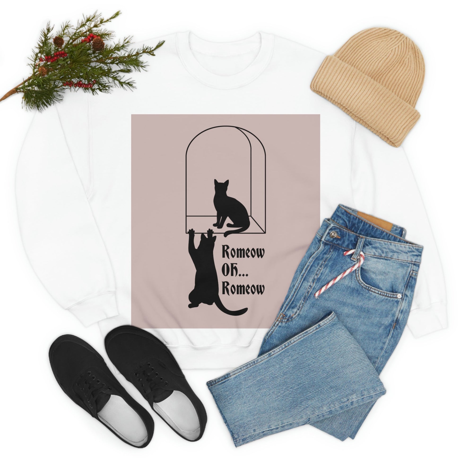 Romeow ang Mewliet Lovestory Valentine`s day Beige Unisex Heavy Blend™ Crewneck Sweatshirt Ichaku [Perfect Gifts Selection]