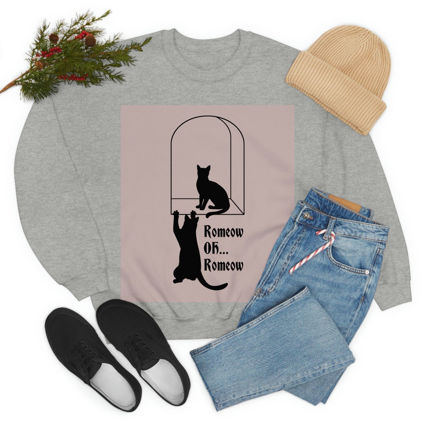 Romeow ang Mewliet Lovestory Valentine`s day Beige Unisex Heavy Blend™ Crewneck Sweatshirt Ichaku [Perfect Gifts Selection]