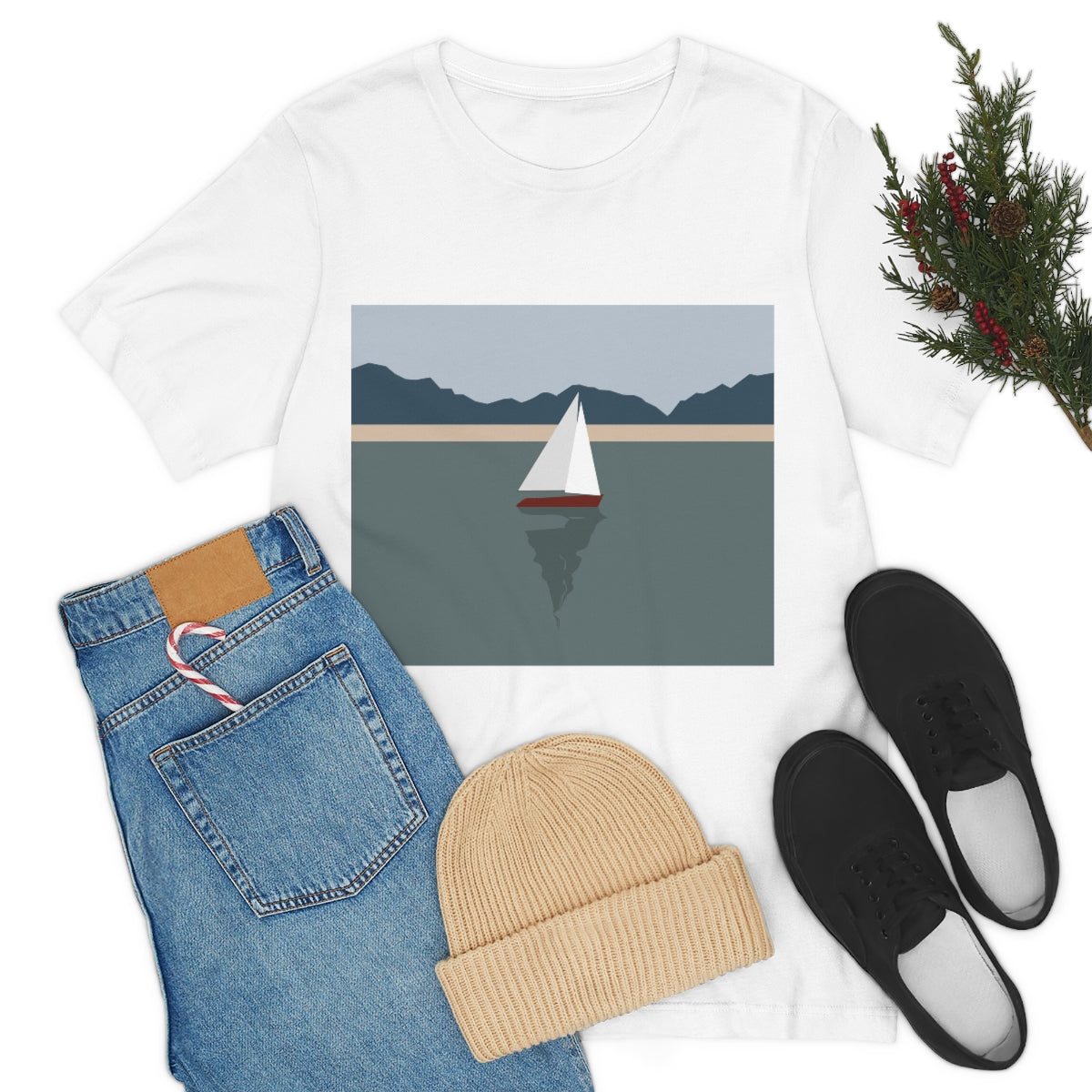 Sailboat Yacht Summertime Sea View Minimal Art Nature Unisex Jersey Short Sleeve T-Shirt Ichaku [Perfect Gifts Selection]