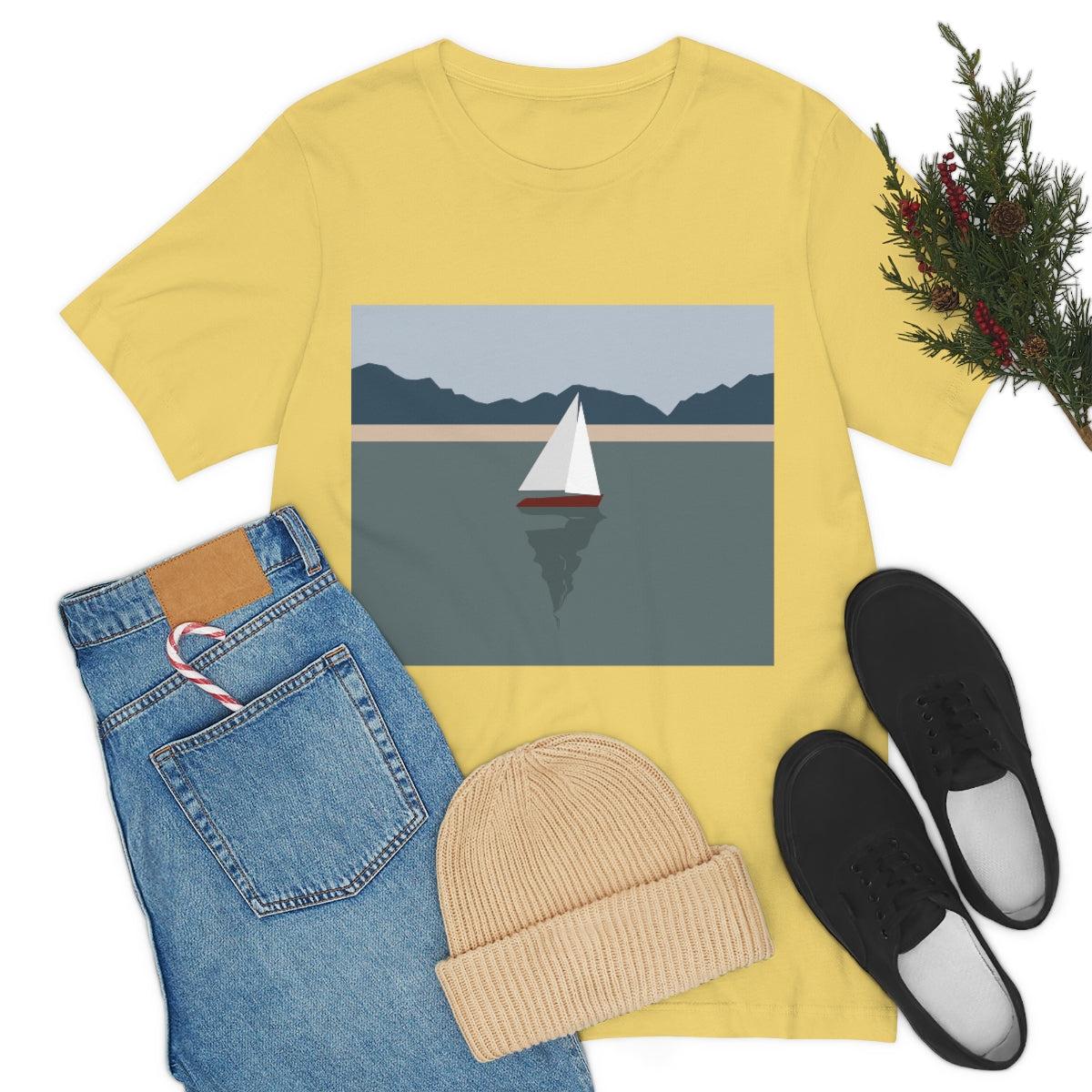 Sailboat Yacht Summertime Sea View Minimal Art Nature Unisex Jersey Short Sleeve T-Shirt Ichaku [Perfect Gifts Selection]